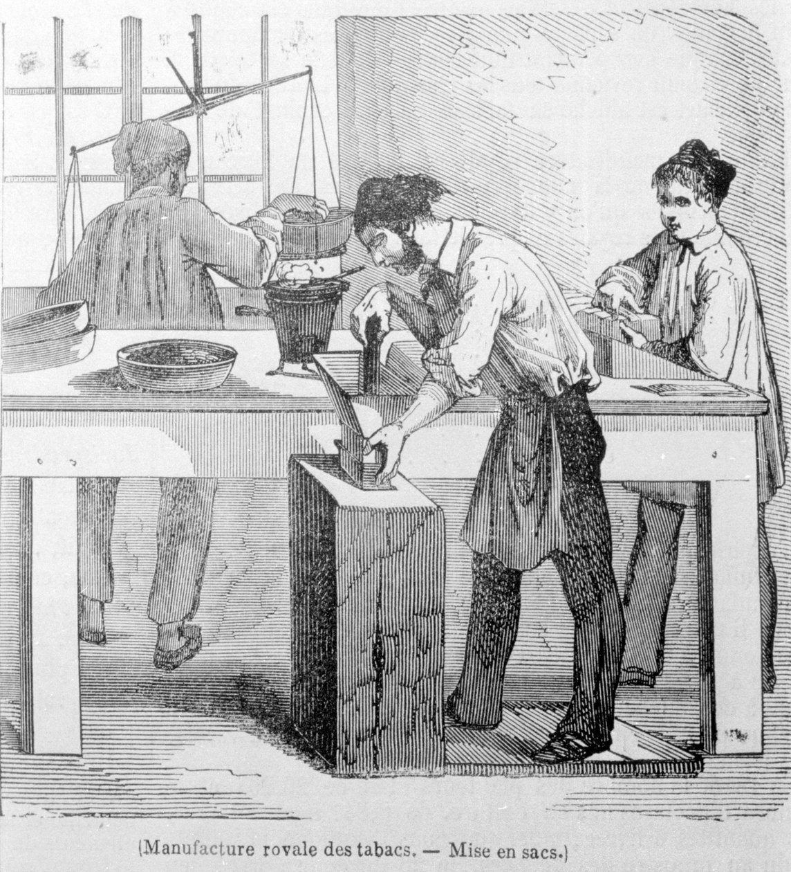 Royal Tobacco Manufacture: the bag of tobacco. 19th century engraving. by Unknown artist