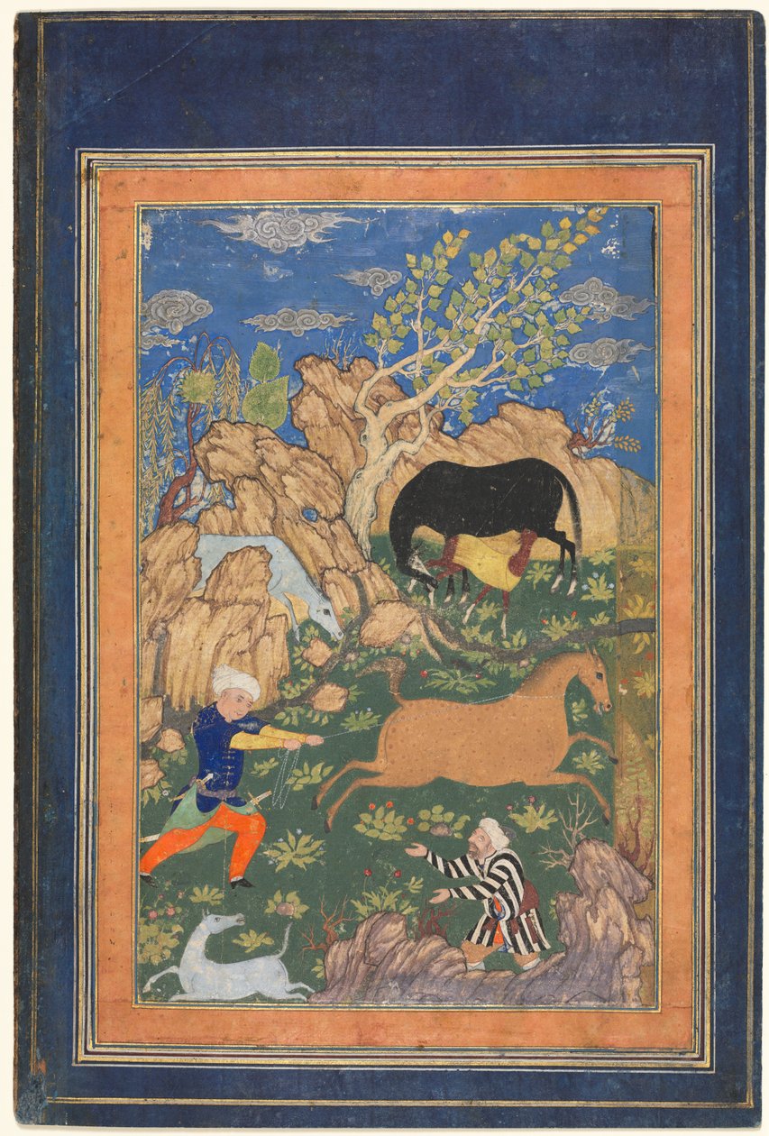 Rustam Lassoing his Horse, Rakhsh, in a Landscape (recto) by Unknown artist