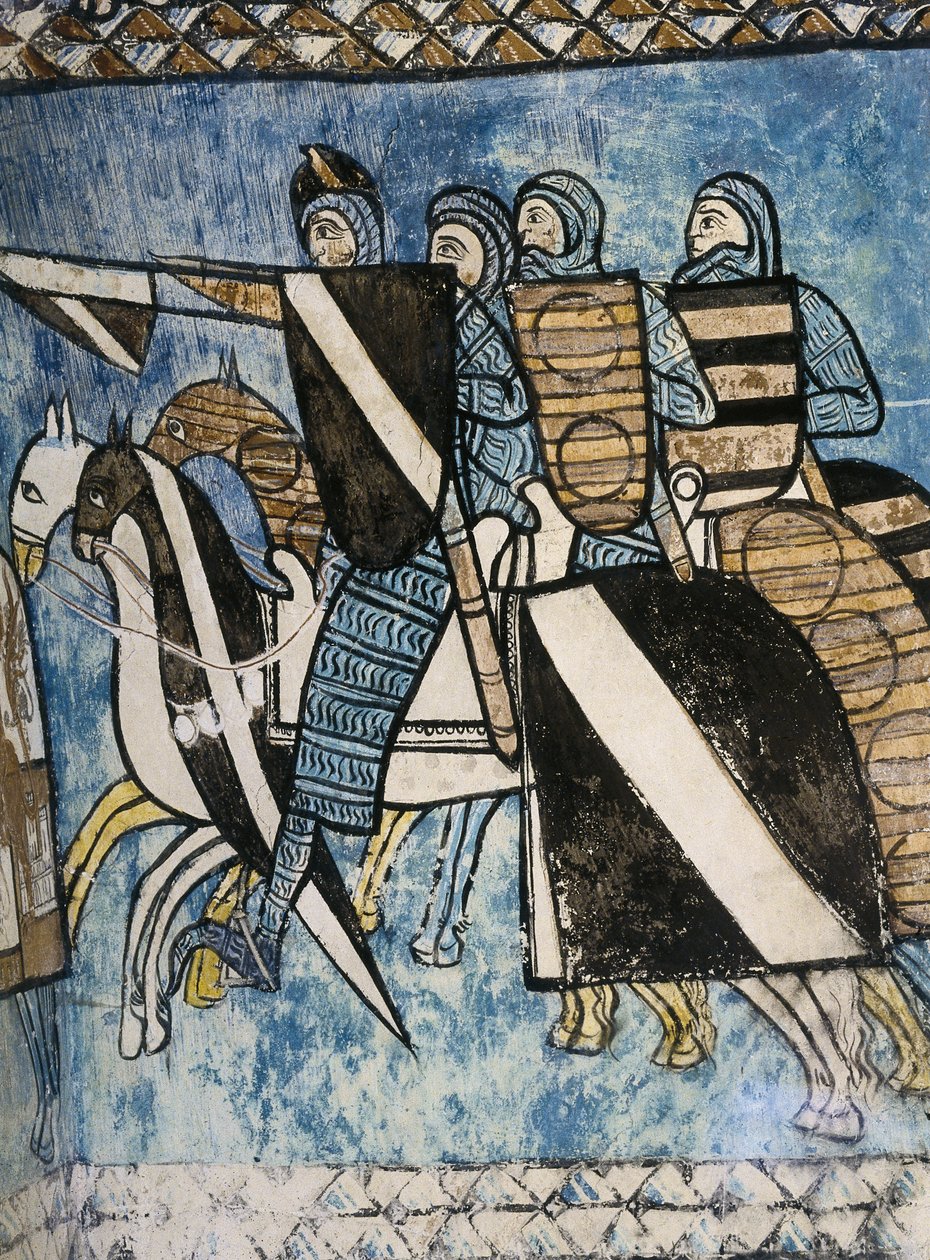 Castilian Army, Group of Christian Soldiers Riding Horses. 14th c. Fresco Painting on 