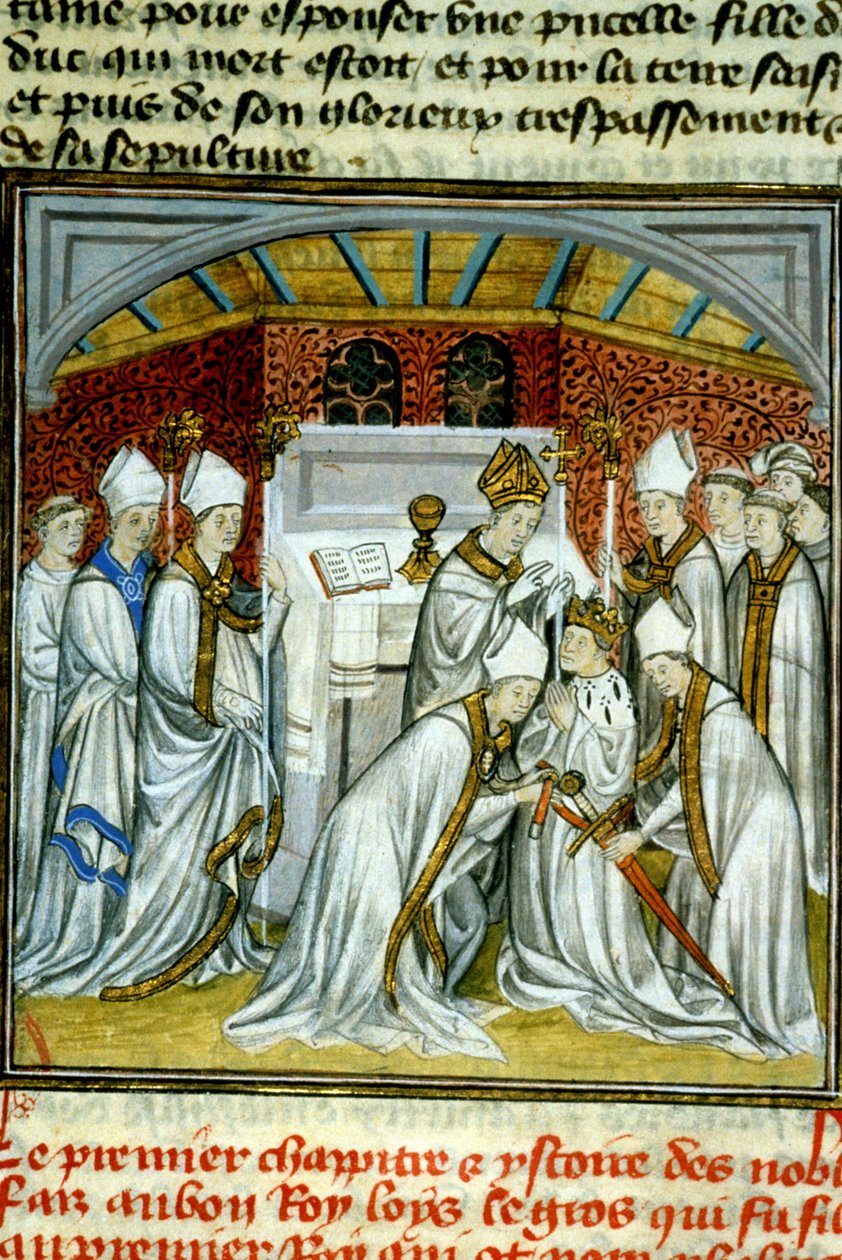 Sacre of Louis VI (1108) - Illumination of manuscript on velin of the Middle Ages “Great Chronicles of Saint-Denis” late 14th century by Unknown artist