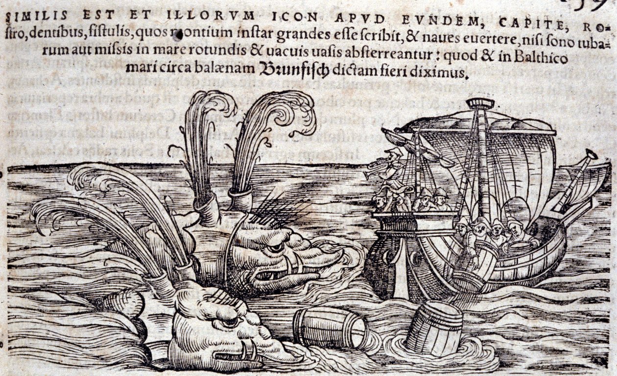 Sailors throw barrels into the sea to distract monsters in pursuit. Engraving in 