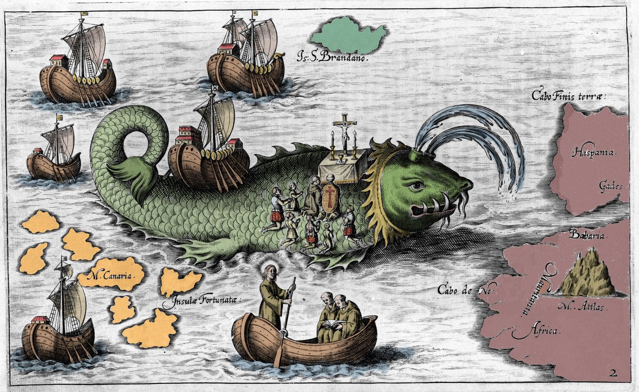 Saint Brendan (Brandan), hero and Irish saint of the 6th century, celebrating Mass on the back of the Giant Whale Jasconius. Legend says that his boat was carried on the back of a whale. Colourful engraving 17th century by Unknown artist