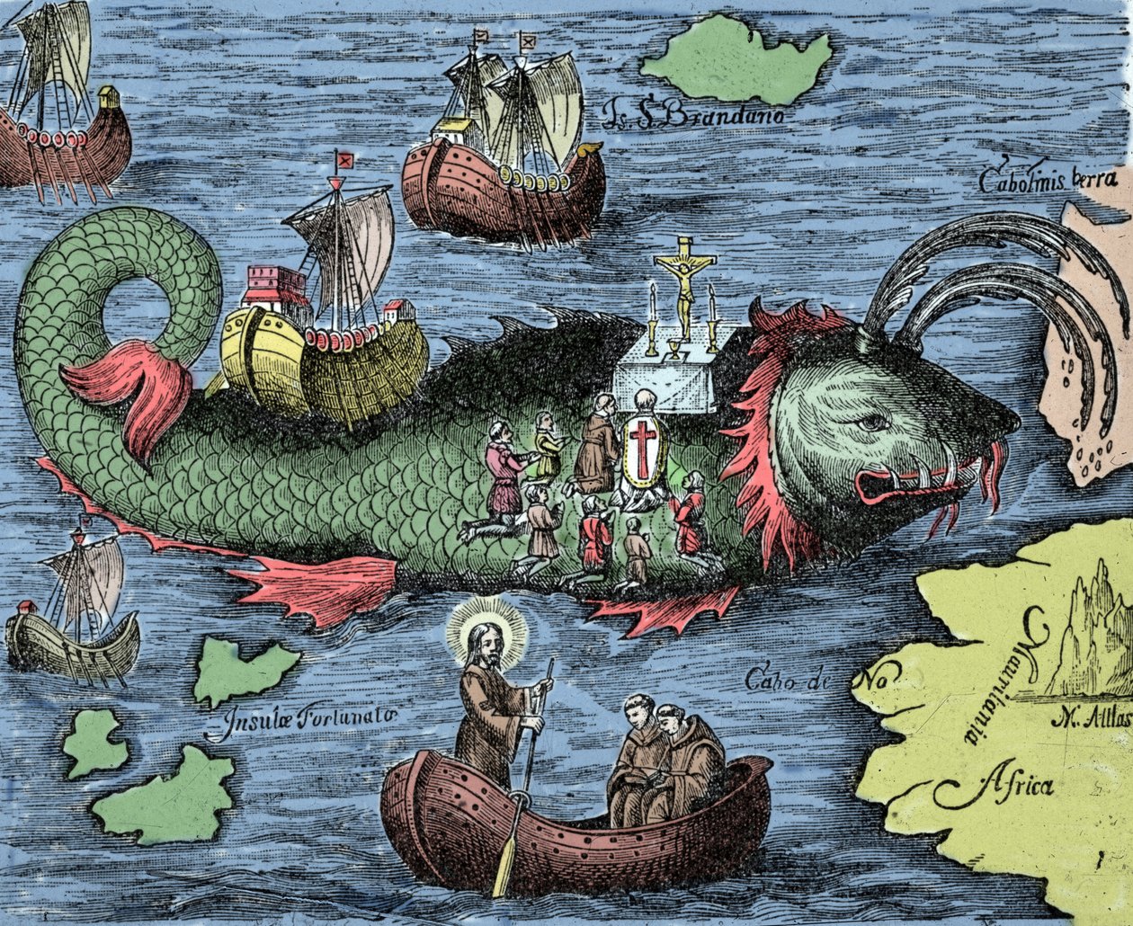 Saint Brendan (Brandan), hero and Irish saint of the 6th century, represents celebrating Mass on the back of the Giant Whale Jasconius. Legend says that his boat was carried on the back of a whale. Coloured engraving from Nova Tipus Transacto Navigatio by Unknown artist
