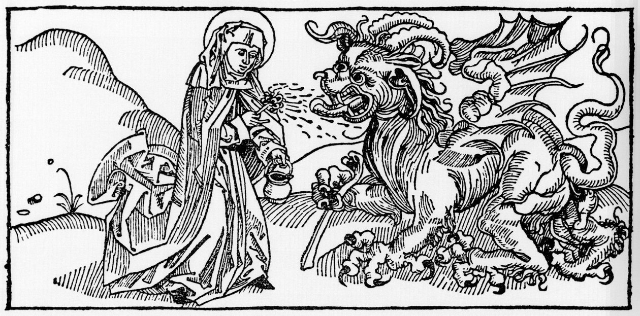 Saint Martha and the Tarasque - Engraving from “Leben der Heiligen - Sommerteil” (The Book of the Saint) by Jacobus (James) of Voragine (1228-1298). Lubeck 1488 by Unknown artist