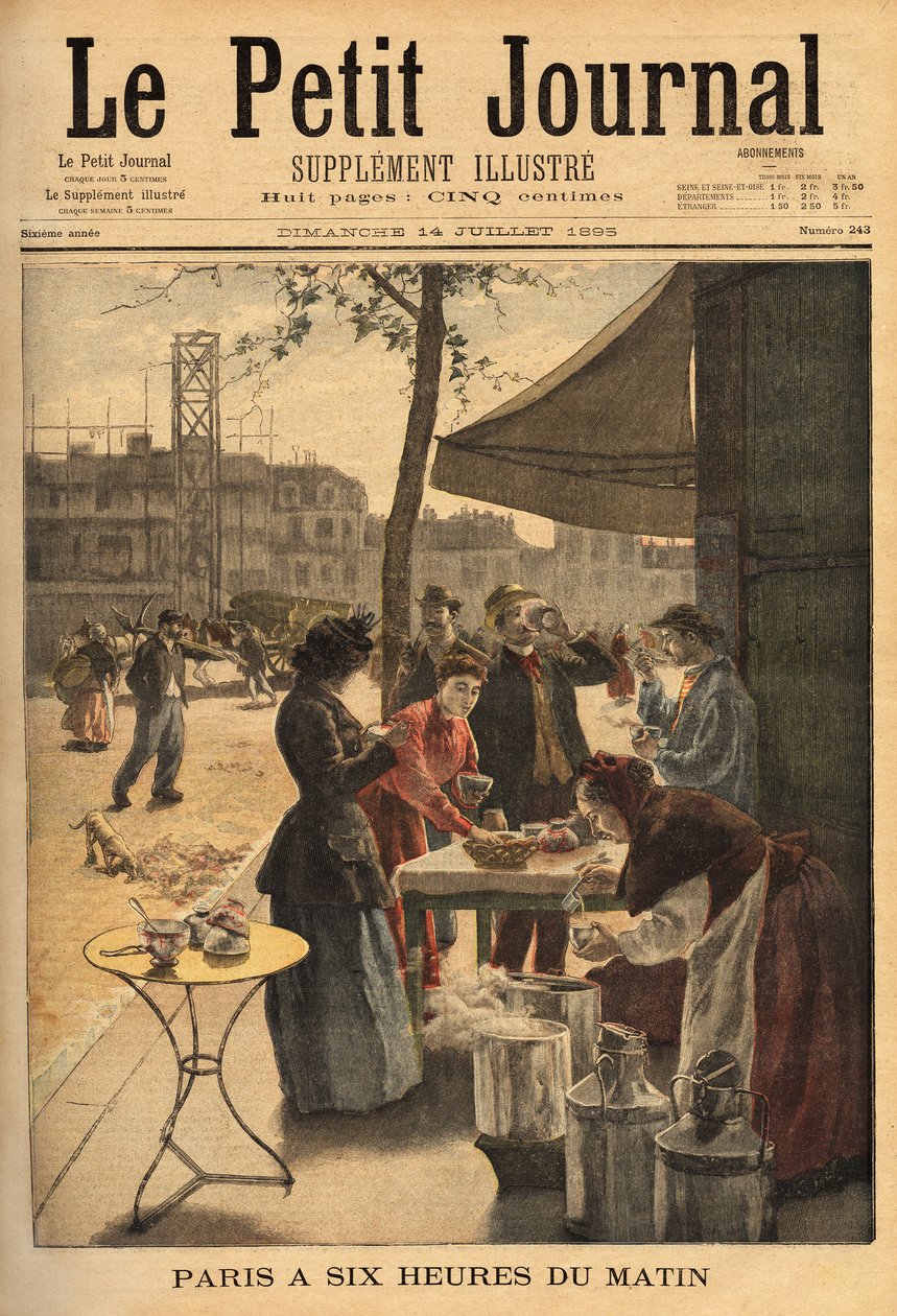 Saleswoman of soup and milk coffee, held under the cocheres doors at 6 am for the open-air breakfast of Parisian workers. Engraving in Le petit journal 14/07/1895. Selva