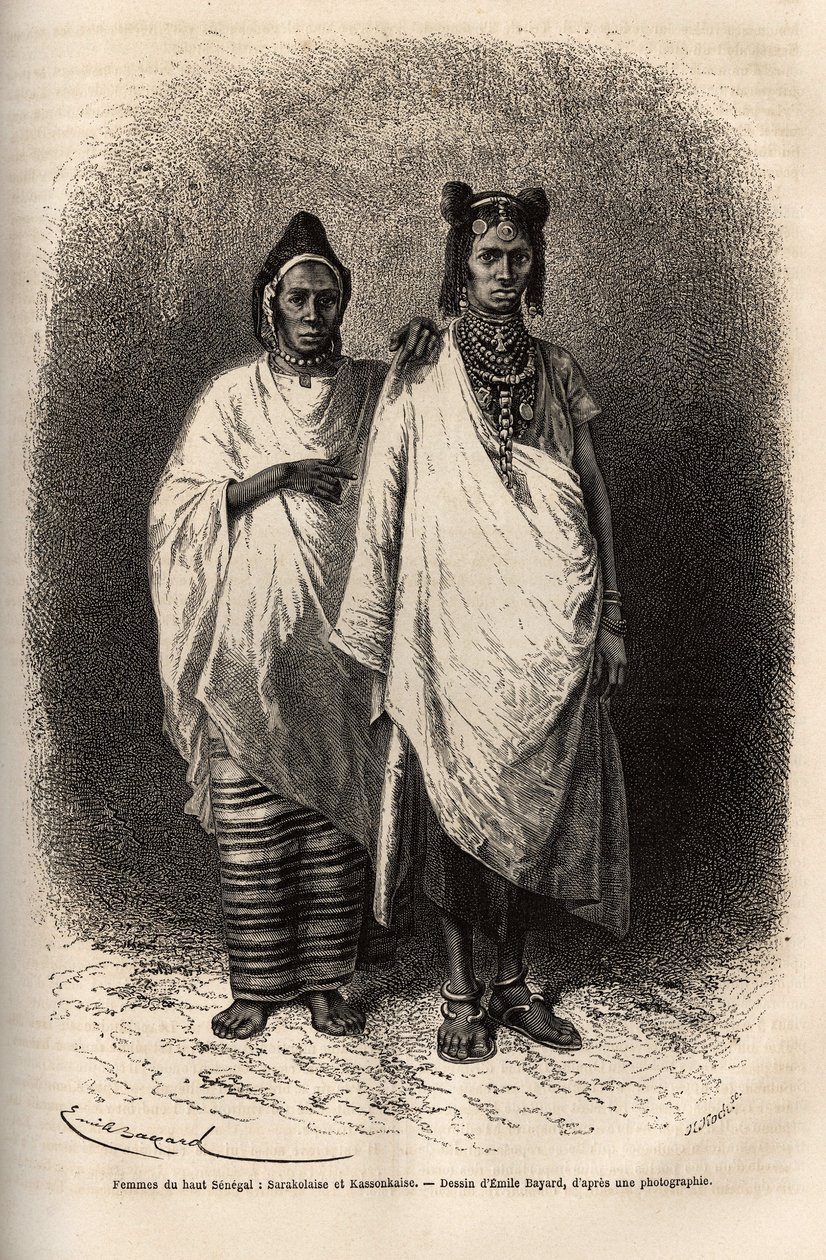 Sarakolese and Kassonkese women, populations of Upper Senegal, in traditional clothes. Engraving to illustrate a cruise on the coast of Africa by Unknown artist