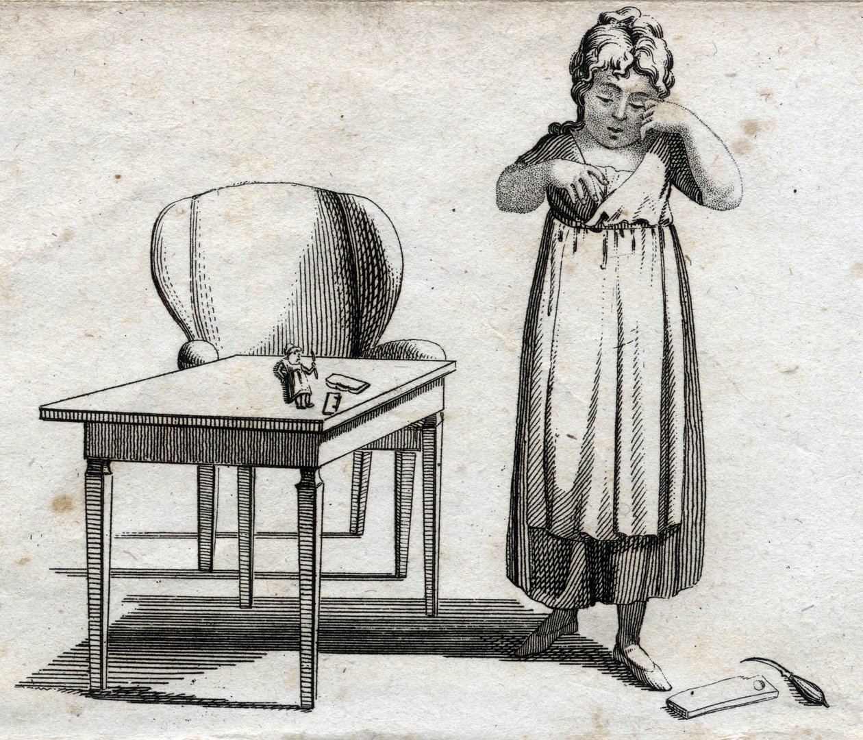 Schoolgirl looking to do her homework. Engraving late 18th century. Private collection. by Unknown artist