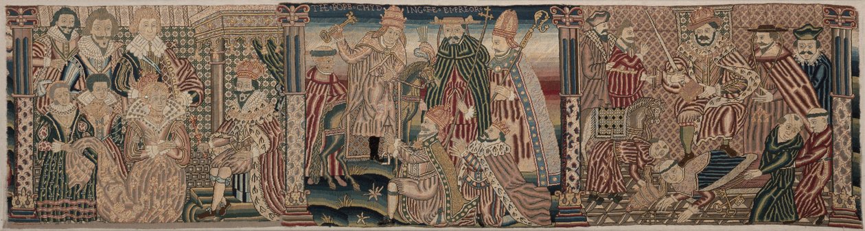 Section of an Embroidered Frieze: Ahasuerus and Esther, The Pope Chiding the Emperor, Henry VIII Treading on the Pope
