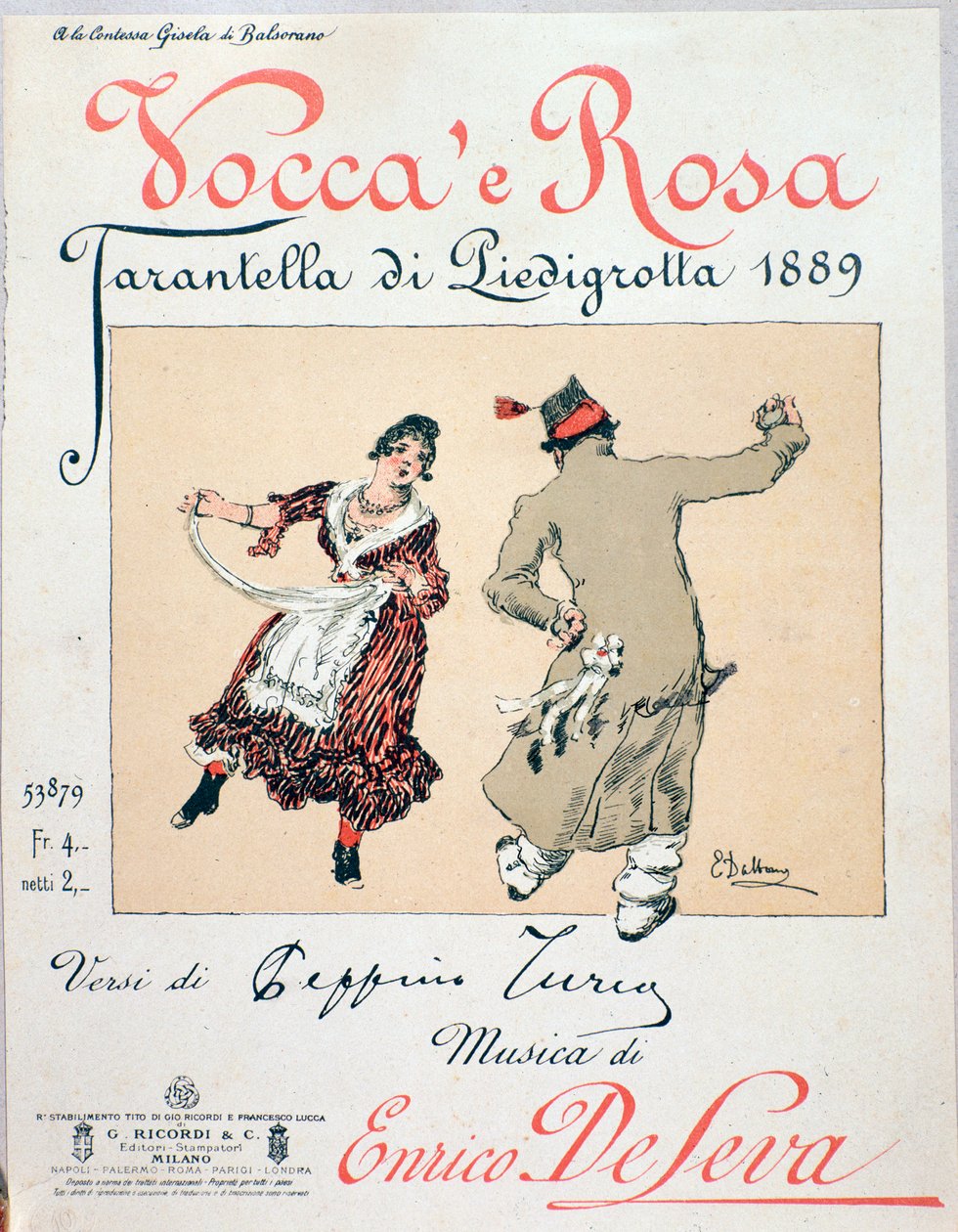 Sheet Music Cover of the Tarantella Vocca e Rosa by Enrico de Leva by Unknown artist