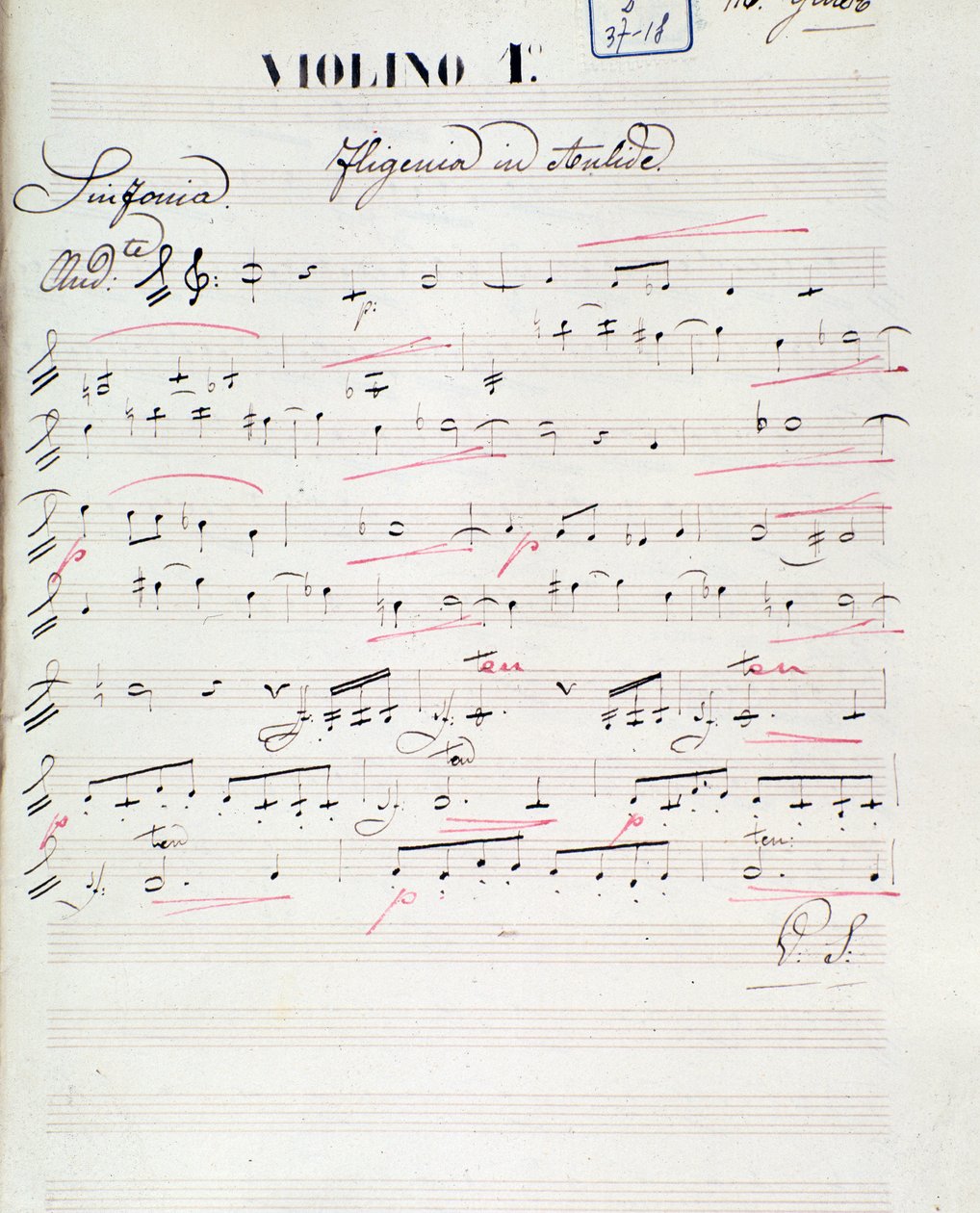 Sheet music page for the first violin of Iphigenie en Aulide, opera by C. W. Gluck by Unknown artist