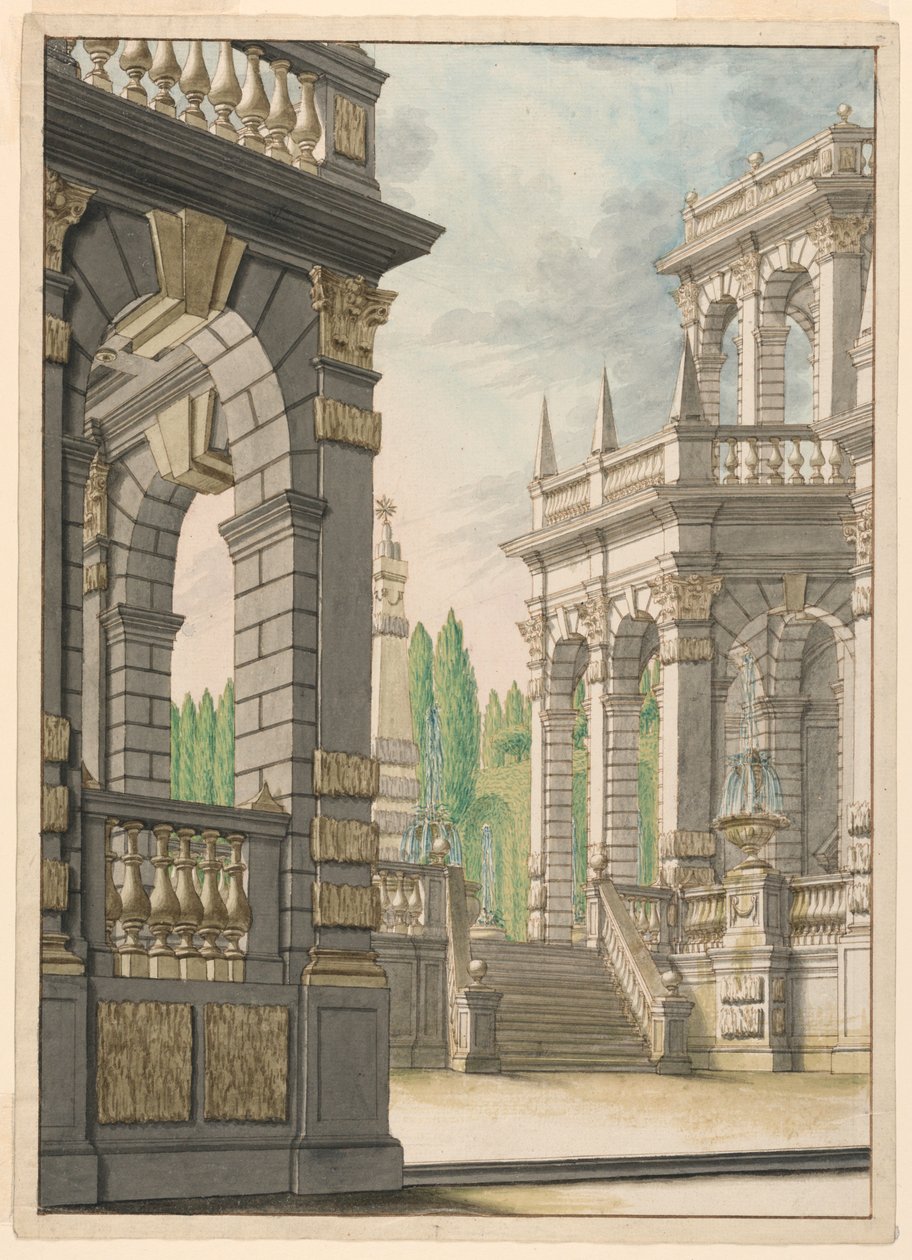 Stage Design: Villa with Obelisk and Albani Arms by Unknown artist