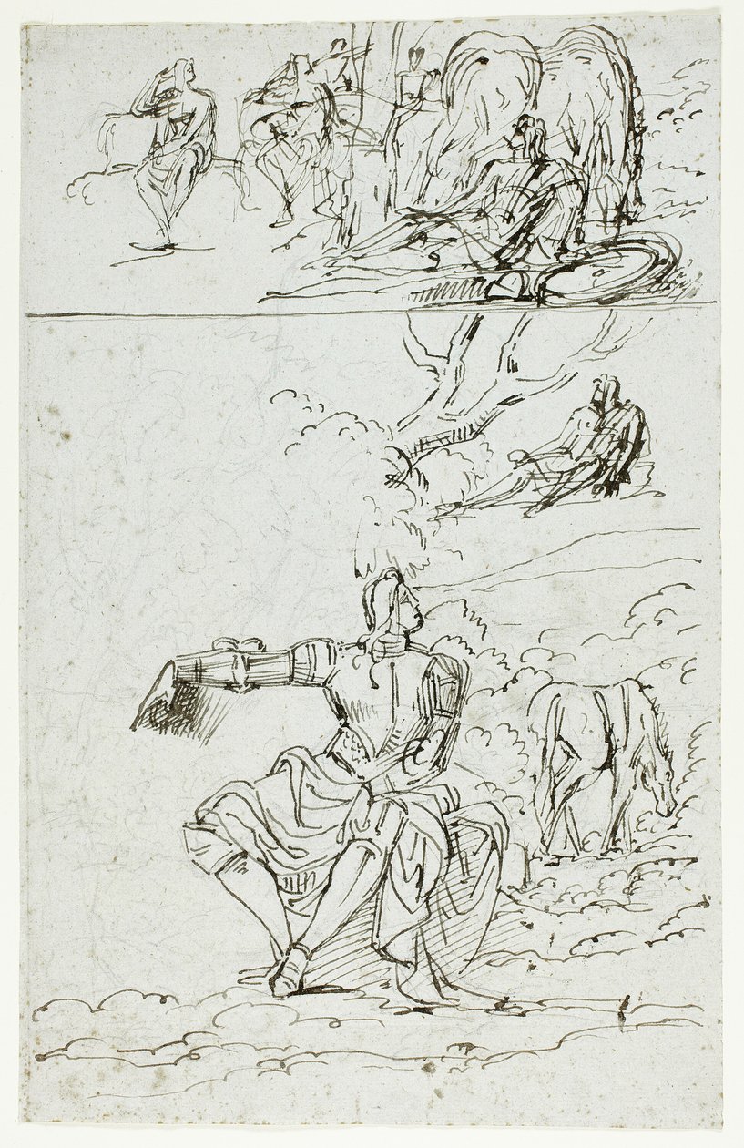 Study Sheet with Seated Knight (recto); Standing Male Figure in Medieval Dress (verso) by Unknown artist