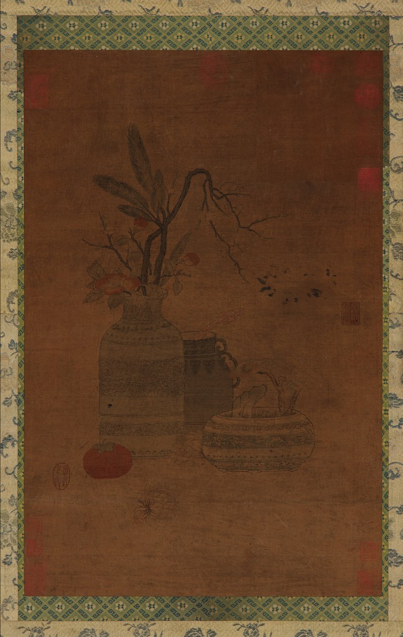 Tapestry: a bowl, two jars, flowers, and fruit by Unknown artist