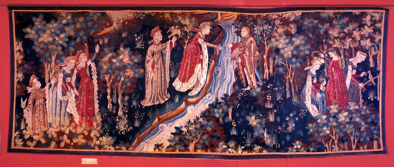 Tapestry depicting a novel scene: a young woman of nobility seeking to reach her lover on the other side of the river. The young woman is covered by her followers with a wreath of flowers. 1420 approx. From Arras by Unknown artist