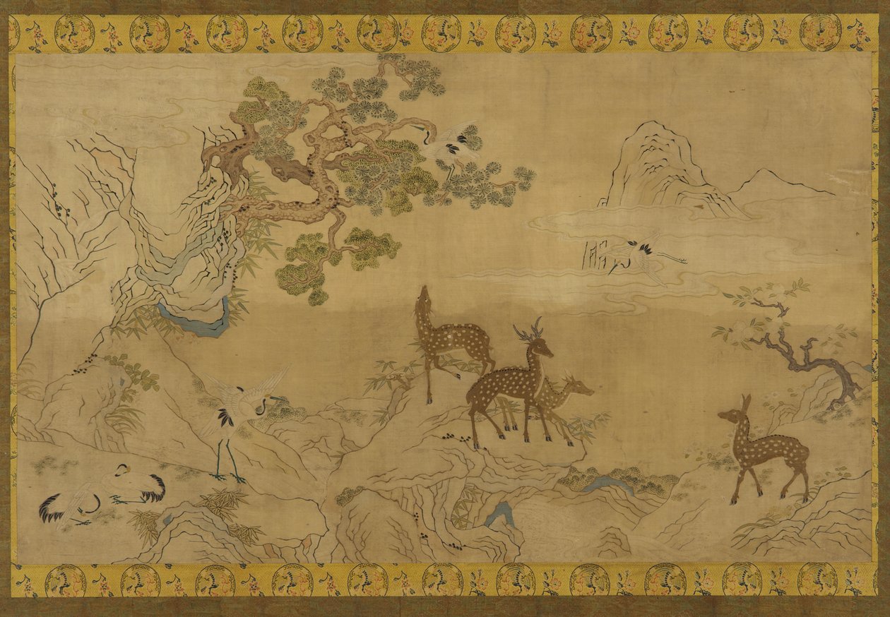 Tapestry: Landscape with Deer, Storks, Pines, and Peach-Tree by Unknown artist