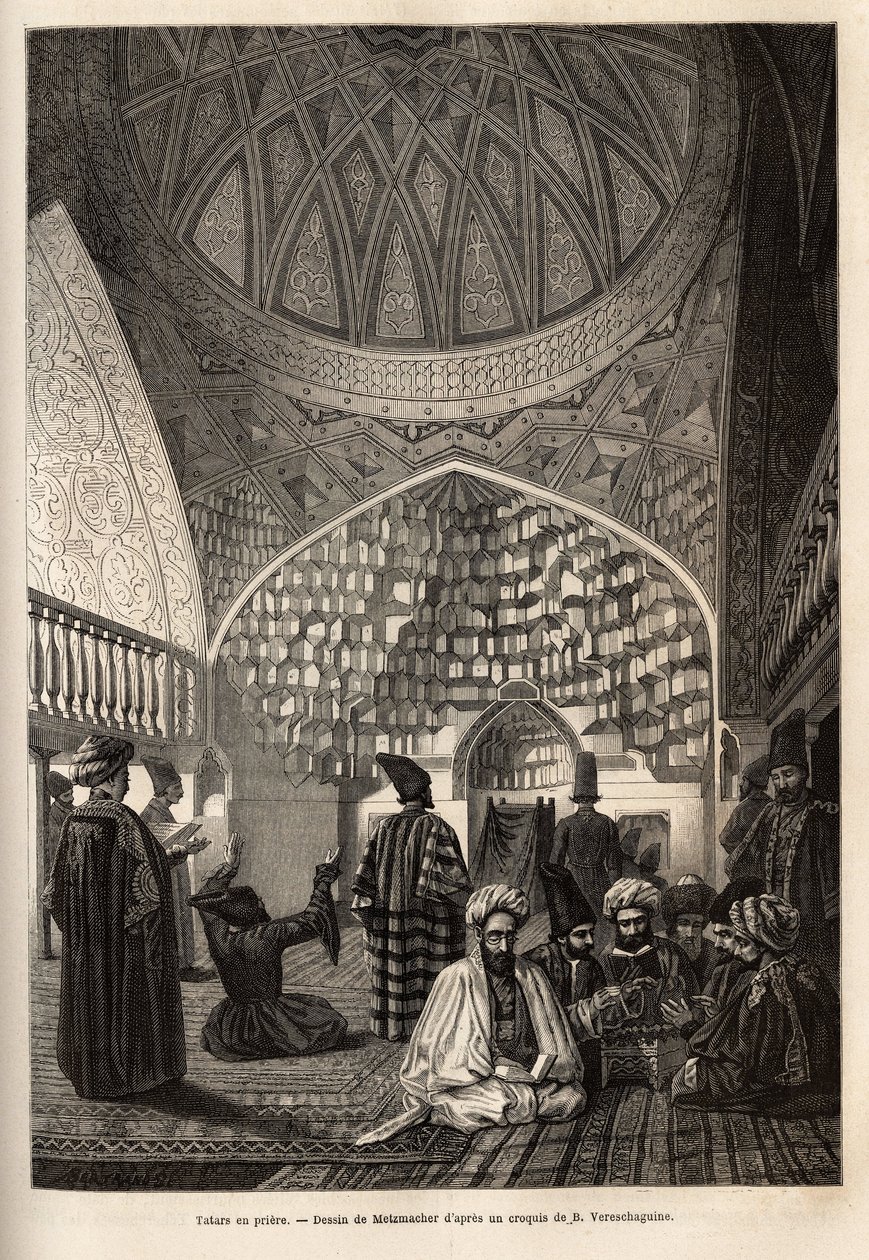 Tatars in prayer, in the Mosque of Schusha (Transcaucasia, Russia). Engraving to illustrate the voyage in the provinces of the Caucasus, by Basile Vereschaguine, in 1864-1865, published in le tour du monde, under the direction of Edouard Charton, Ha by Unknown artist