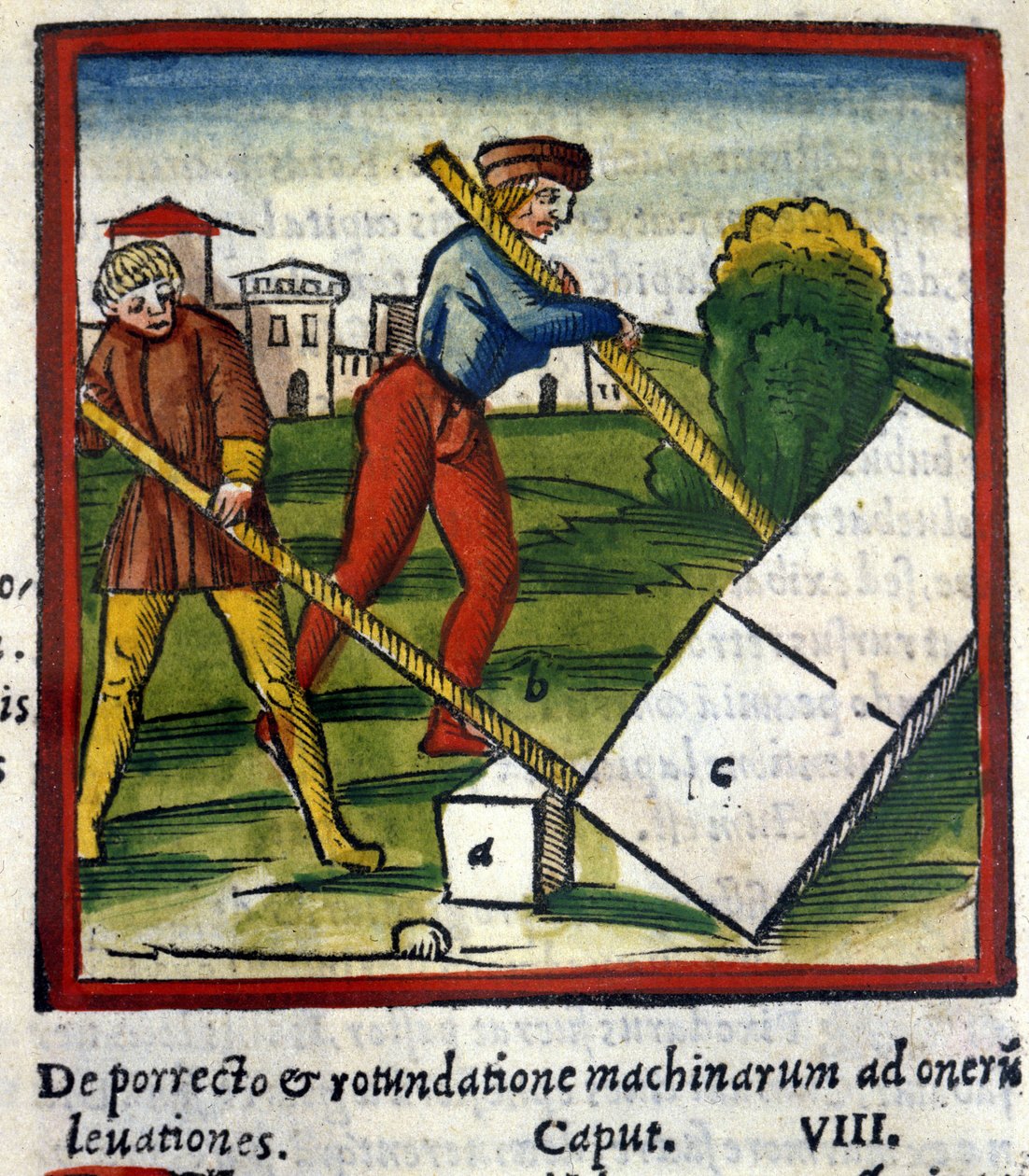 The Archimede lever (287 BC - 212 BC) in De architectura de Vitruva. 1630. Trivulziana, Milan by Unknown artist