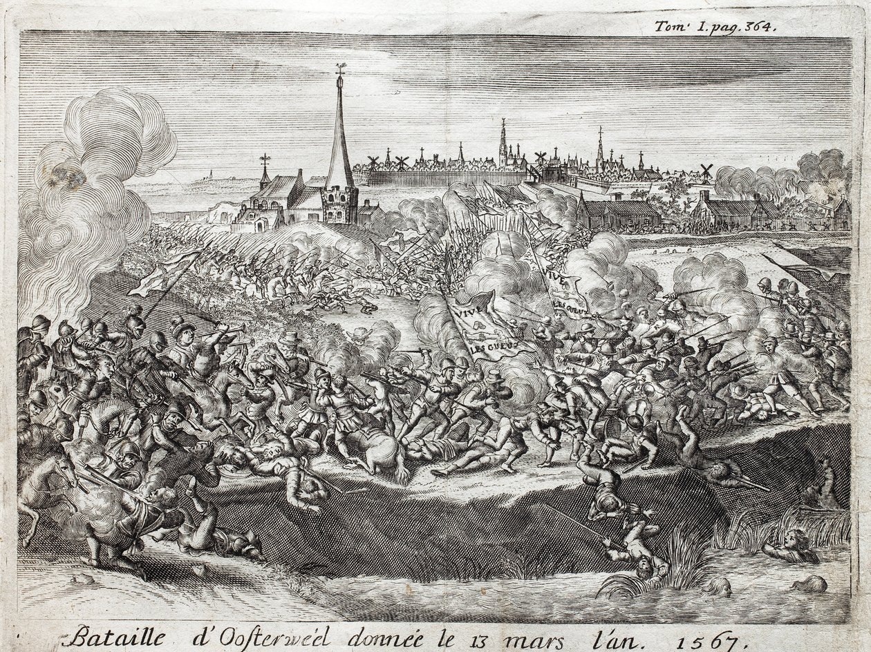 The Battle of Oosterweel, held on 13 March 1567, the first confrontation of the War of Eighty Years. Engraving to illustrate History of the War of Flanders, by Flamianus Strada, edition Joseph T
