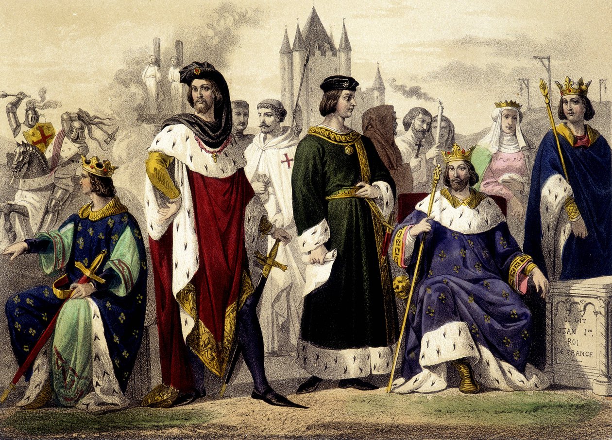 The Capetians from 1270 to 1322. Philip III the Bold, Philip IV the Fair, Louis X the Quarrelsome, Philip V the Tall, Charles IV the Fair. Engraving of the 19th Century by Unknown artist