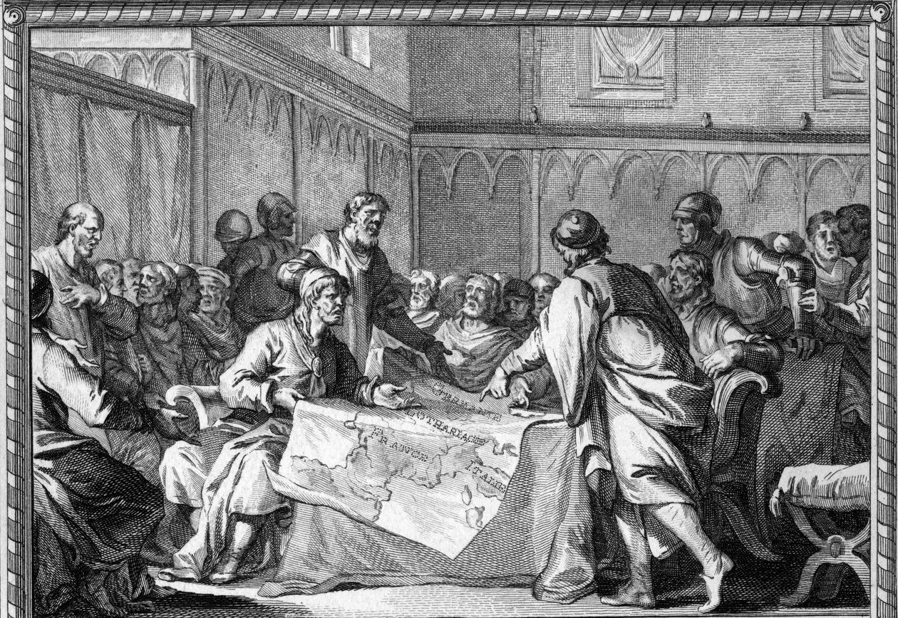 The Carolingian Empire was divided between the three sons of Louis the Pious: Lothaire I, Louis the Germanic and Charles the Bald, according to the Treaty of Verdun (843). Engraving of the 18th century. by Unknown artist