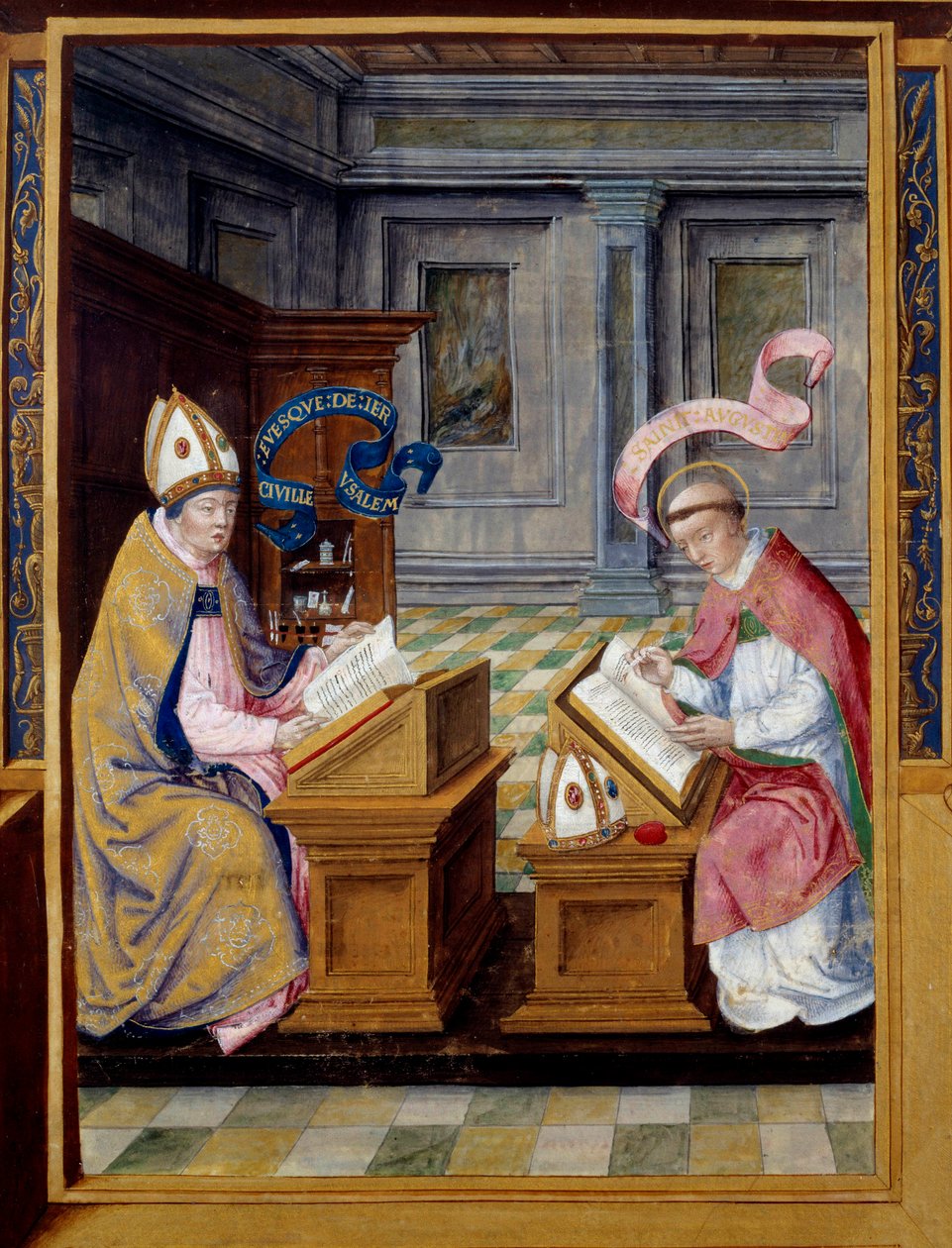 The Bishop of Jerusalem Saint Cyril (315-386) and Saint Augustine (354-430). Miniature on 16th century parchment by Unknown artist