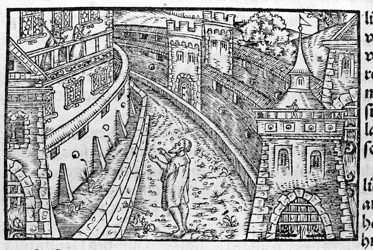 The Germanic Emperor Henry IV in Canossa. At the top left are the Countess Mathilde of Canossa and Pope Gregoire VII who had taken refuge in the castle. According to Johann Stum by Unknown artist