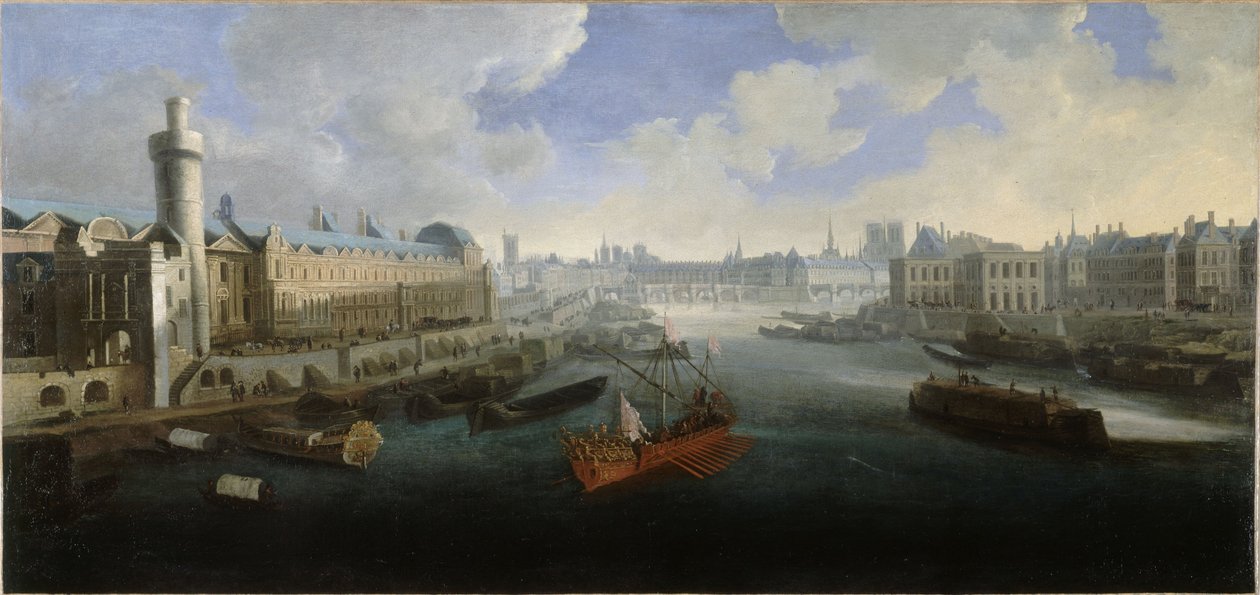 The Grande Galerie of the Louvre, with the Porte Neuve, the Pont-Neuf, the Cité, the Collège des Quatres-Nations under construction and the Quai Malaquais. On the Seine, the royal galley by Unknown artist