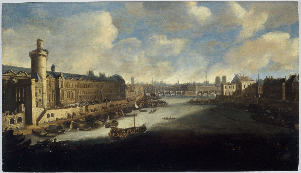 The Grande Galerie of the Louvre, with the Porte Neuve, the Pont-Neuf, the Cite, the Collège des Quatres-Nations under construction and the Quai Malaquais (circa 1665. On the Seine, the royal galley, between 1660 and 1670) by Unknown artist