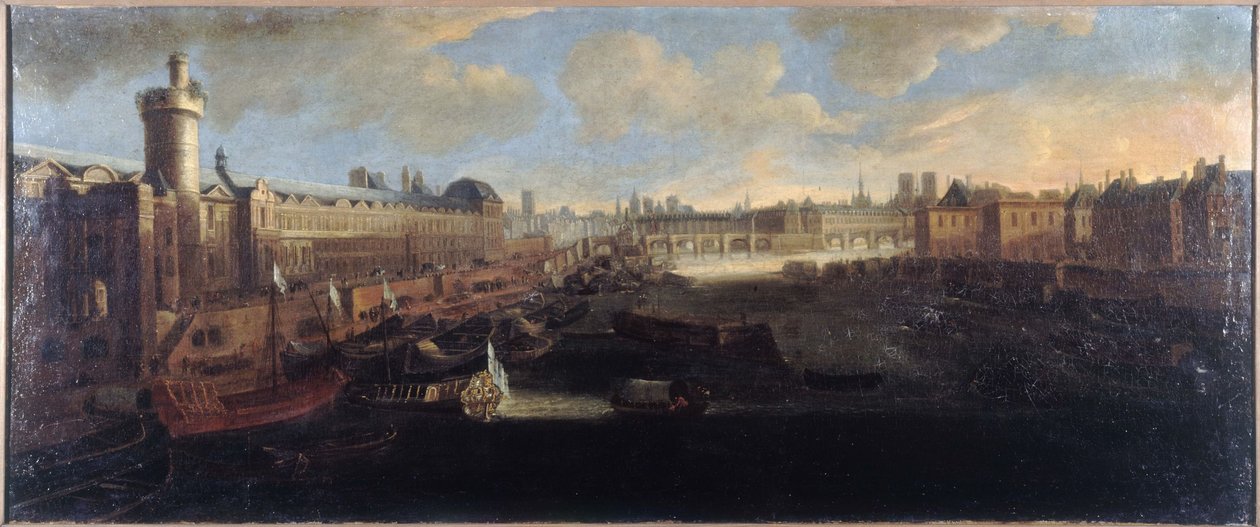 The Grande Galerie of the Louvre, with the Porte Neuve, the Pont-Neuf, the Cité, the Collège des Quatres-Nations under construction and the Quai Malaquais, circa 1665, on the Seine the royal galley, present-day 1st and 6th arrondissements, between 1660 and by Unknown artist