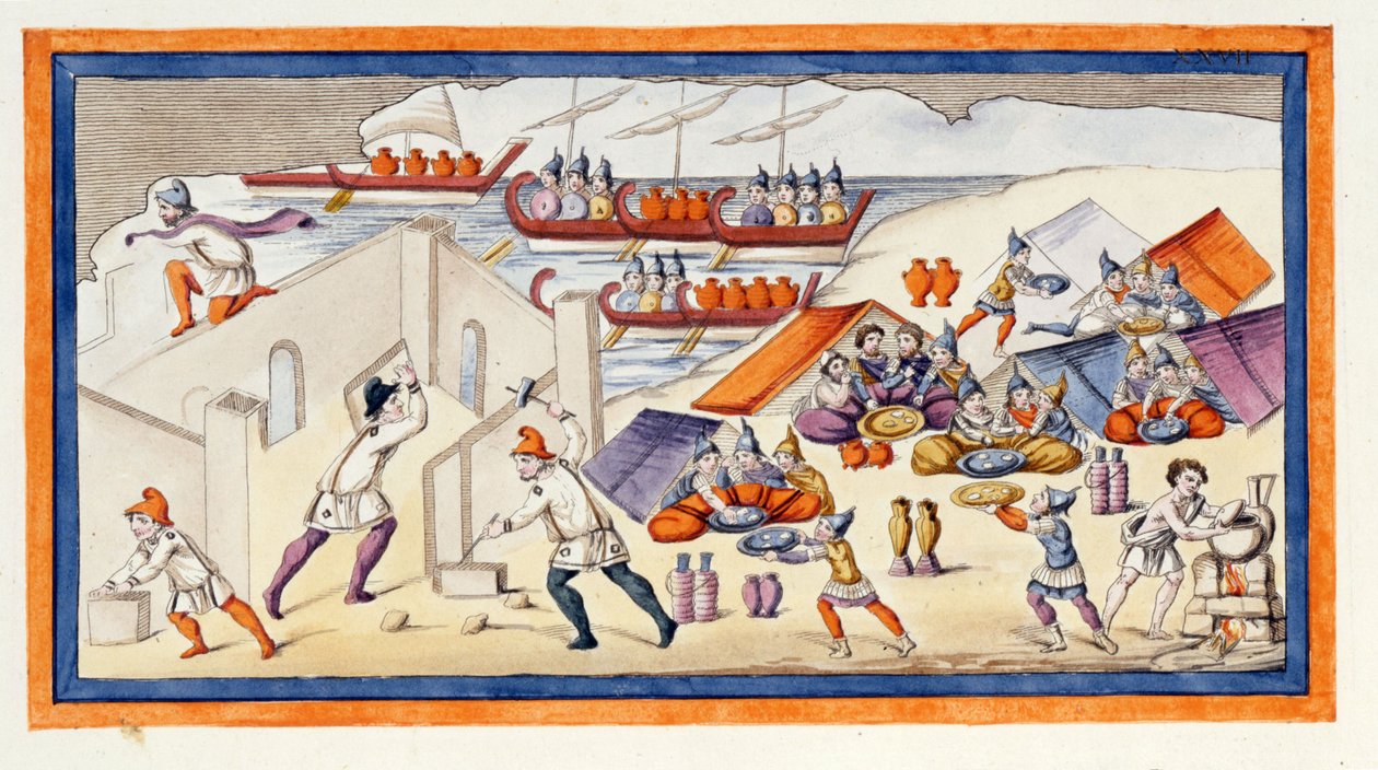 The Greeks began to dig a bulwark to protect their barracks and ships. The Iliad. Song VII. Engraving from the end of the 18th century by Unknown artist