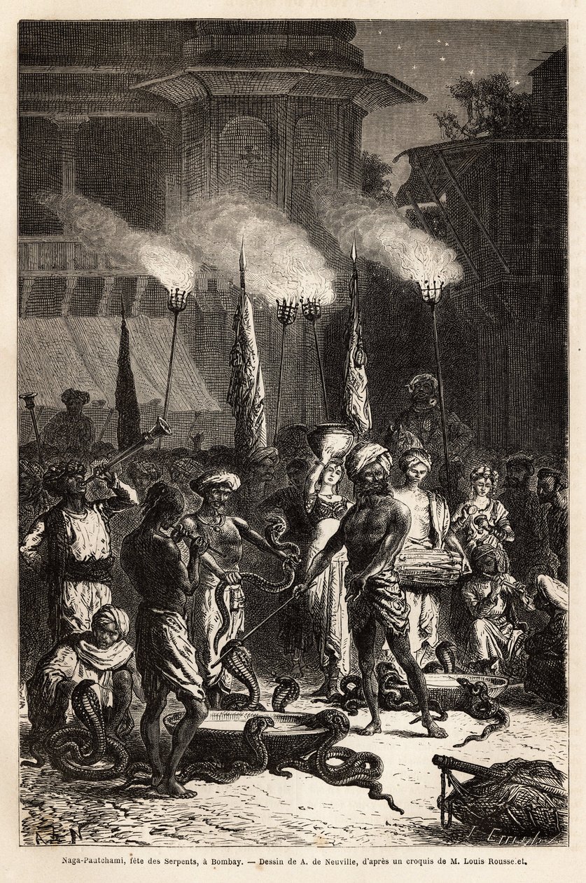 The Pantchami naga, or snake feast, in Bombay, to ensure protection against their deadly bites, long processions of women cross the streets to the outskirts of the temples, where they will find offerings of rice and sugar to the god Krishna, who killed the by Unknown artist