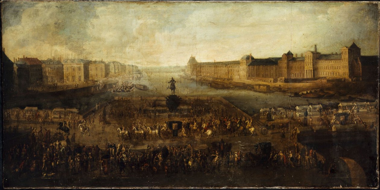 The Pont-Neuf, seen from the entrance to the Place Dauphine, the Quai Malaquais with the Collège des Quatres-Nations, the Grande Galerie and the Louvre, circa 1665 by Unknown artist