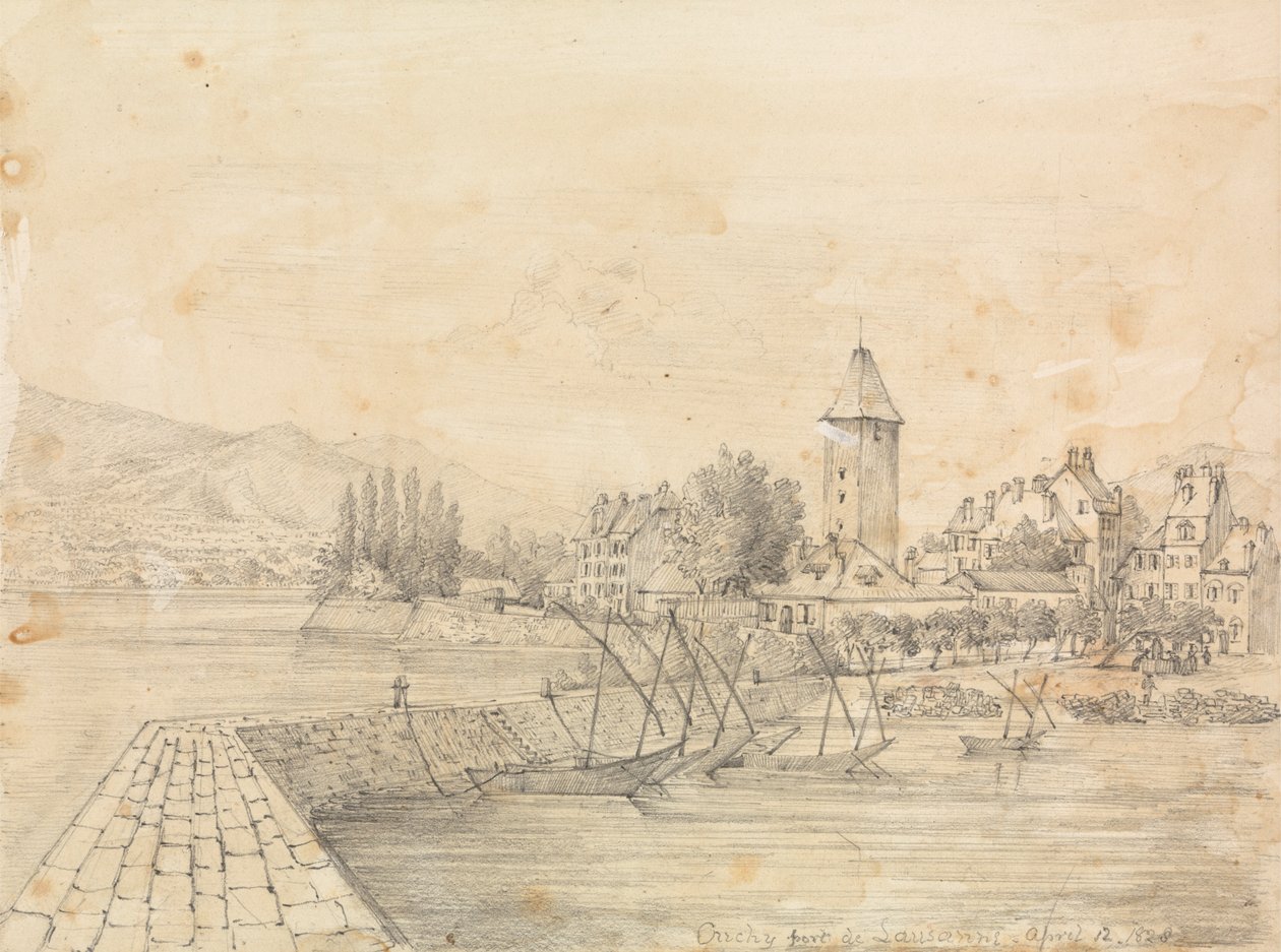 The Port of Ouchy; graphite study of two women with caps by Unknown artist
