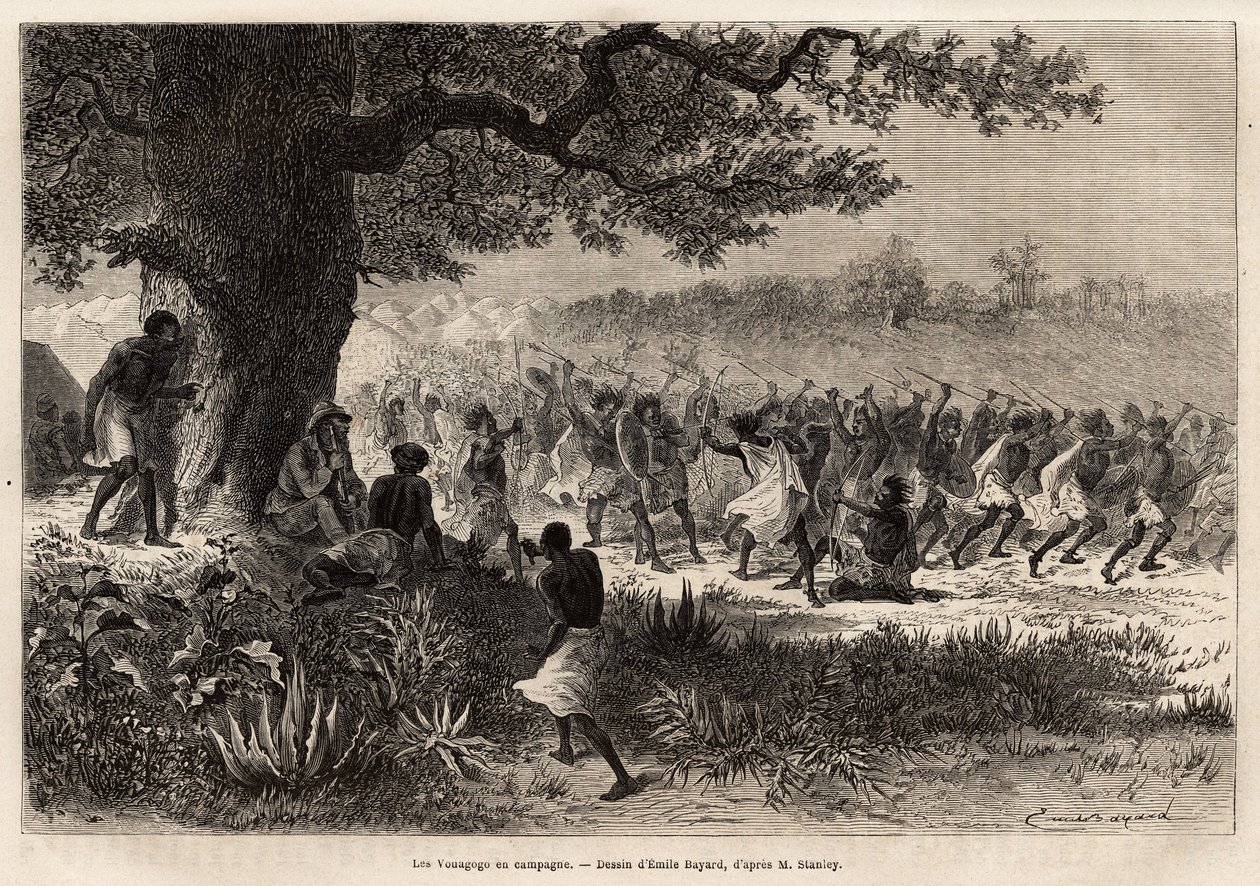The Vouagogo (tribe of Tanzania) in preparation for war, under the tree, the author of the story Henry Morton Stanley (1841-1904). Engraving to illustrate the voyage in search of Livingstone, in central Africa by Unknown artist