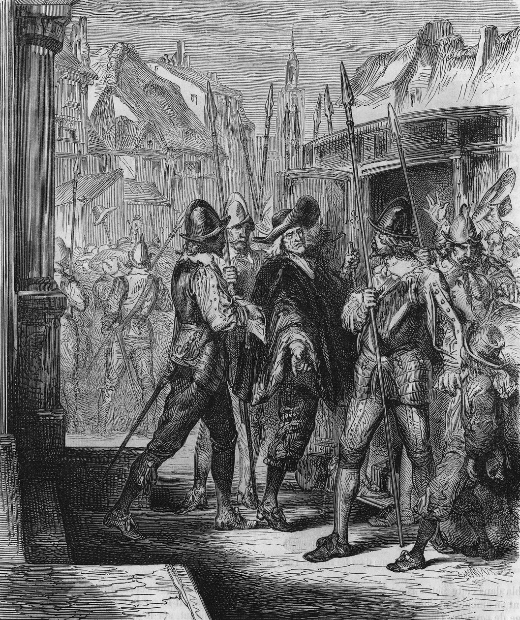 The arrest of Pierre Brousel in 1648, under the order of Anne of Austria, which provoked the relief of the people (days of the barricades) and the Fronde. Engraving from 1866 by Unknown artist