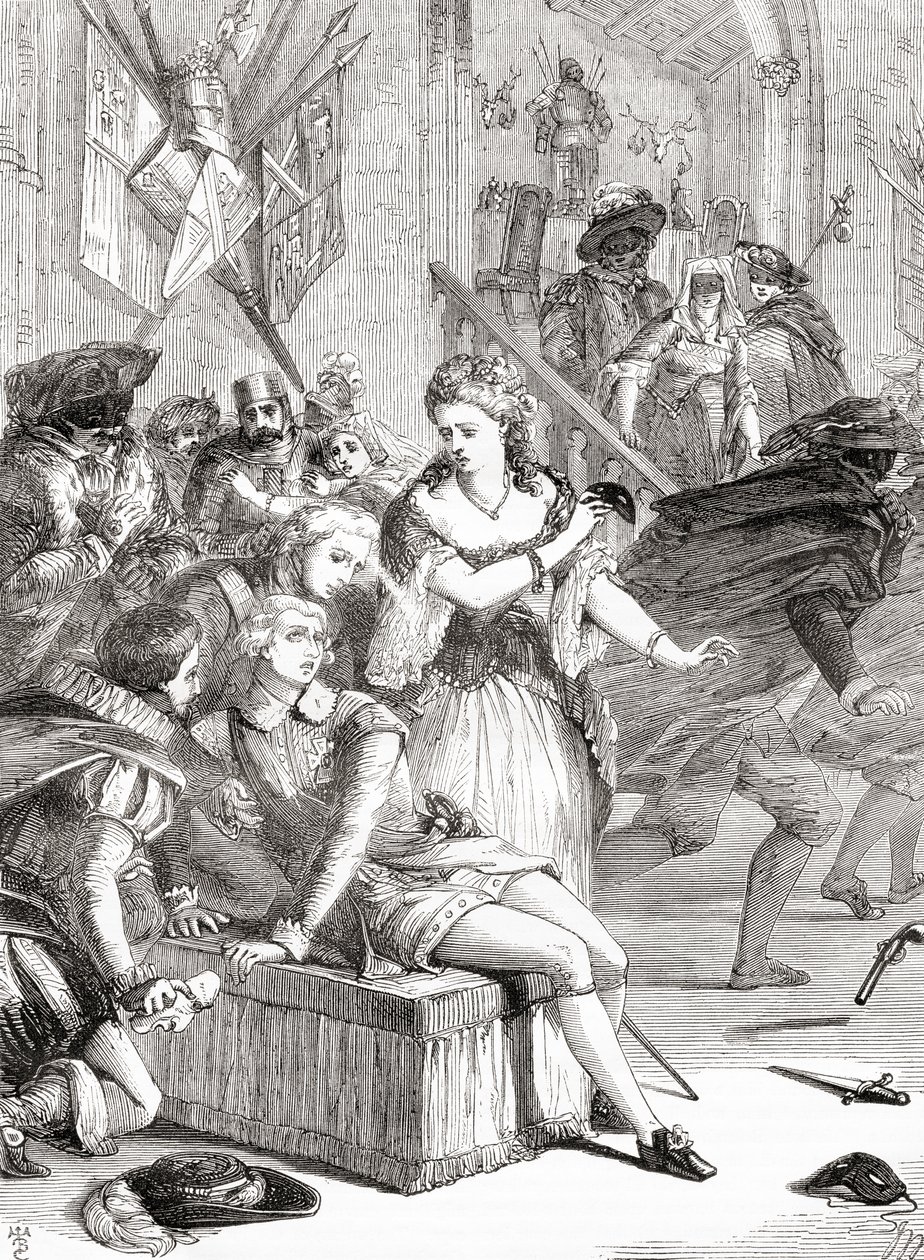 The Assassination of Gustavus III by Jacob Johan Anckarström at a Masked Ball, Stockholm, Sweden, 1792 (engraving) by Unknown artist