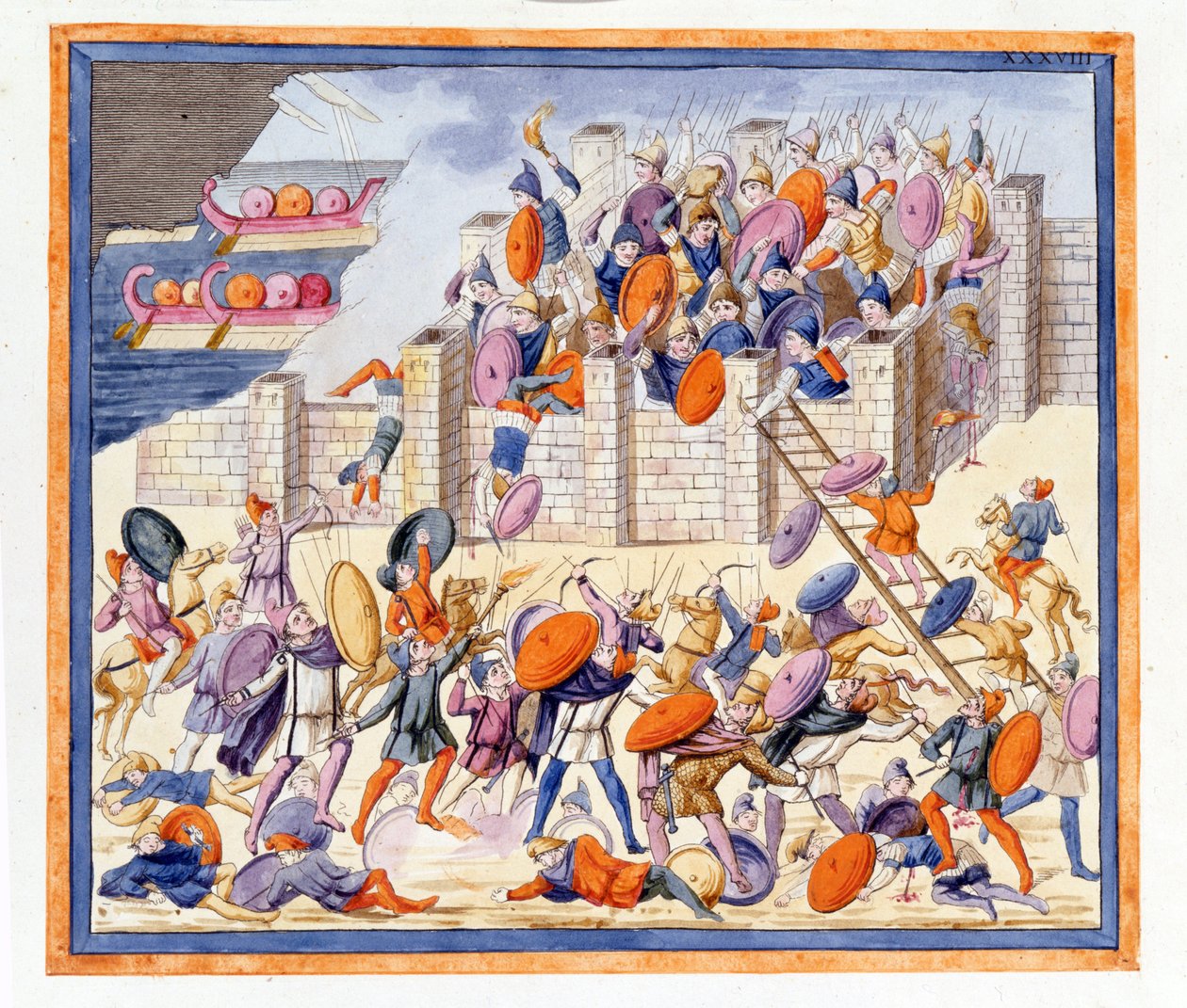 The battle on both sides of the walls built by the Greeks. The Iliad, chant XII, engraving from the end of the 18th century. by Unknown artist