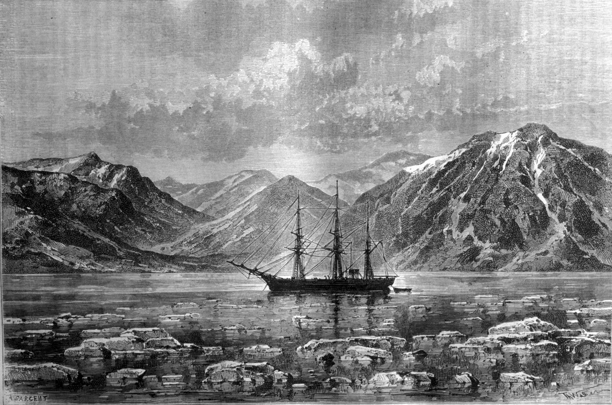 The boat of Nils Adolf Erik Baron Nordenskjold, “Vega”, at Konyam-bay. Engraving around 1880. by Unknown artist