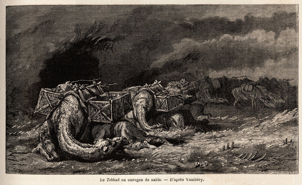 The camel caravan caught in a sand hurricane called tebbad. Drawing by Emile Bayard, to illustrate the journey to Central Asia, in 1863, by Arminius Vambery. Engraving in 