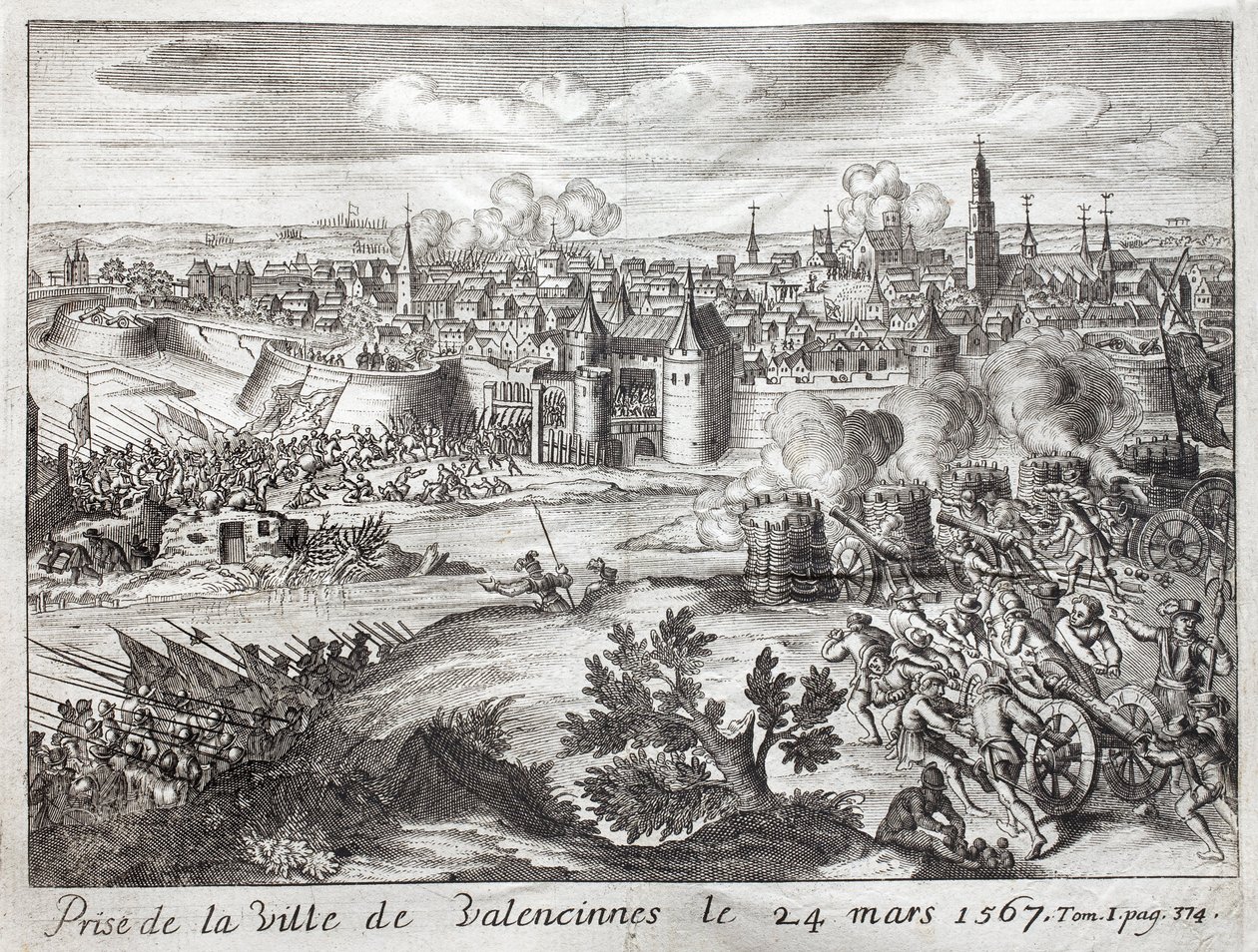 The city of Valenciennes was taken on 24 March 1567. First battle of the revolt of the Gueux. Engraving to illustrate History of the War of F by Unknown artist