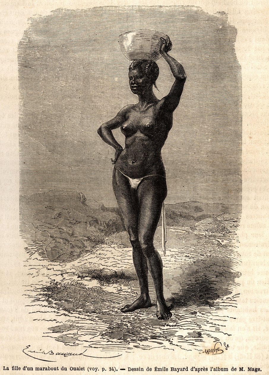 The daughter of a marabout from Oualet (Mauritania), wearing a jatte on his head to make black soap. Engraving to illustrate the voyage to Western Sudan of Lieutenant (Navy) M.Mage, in 1863-1866, published in 