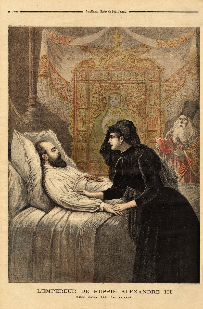 The emperor (tsar) of Russia Alexander III (1815-1894) on his deathbed, from 1881 to 1894, his reign showed an autocrat without concession, leading a peaceful foreign policy and voluntary actor of rapprochement with France. Engraving in Le petit journal by Unknown artist