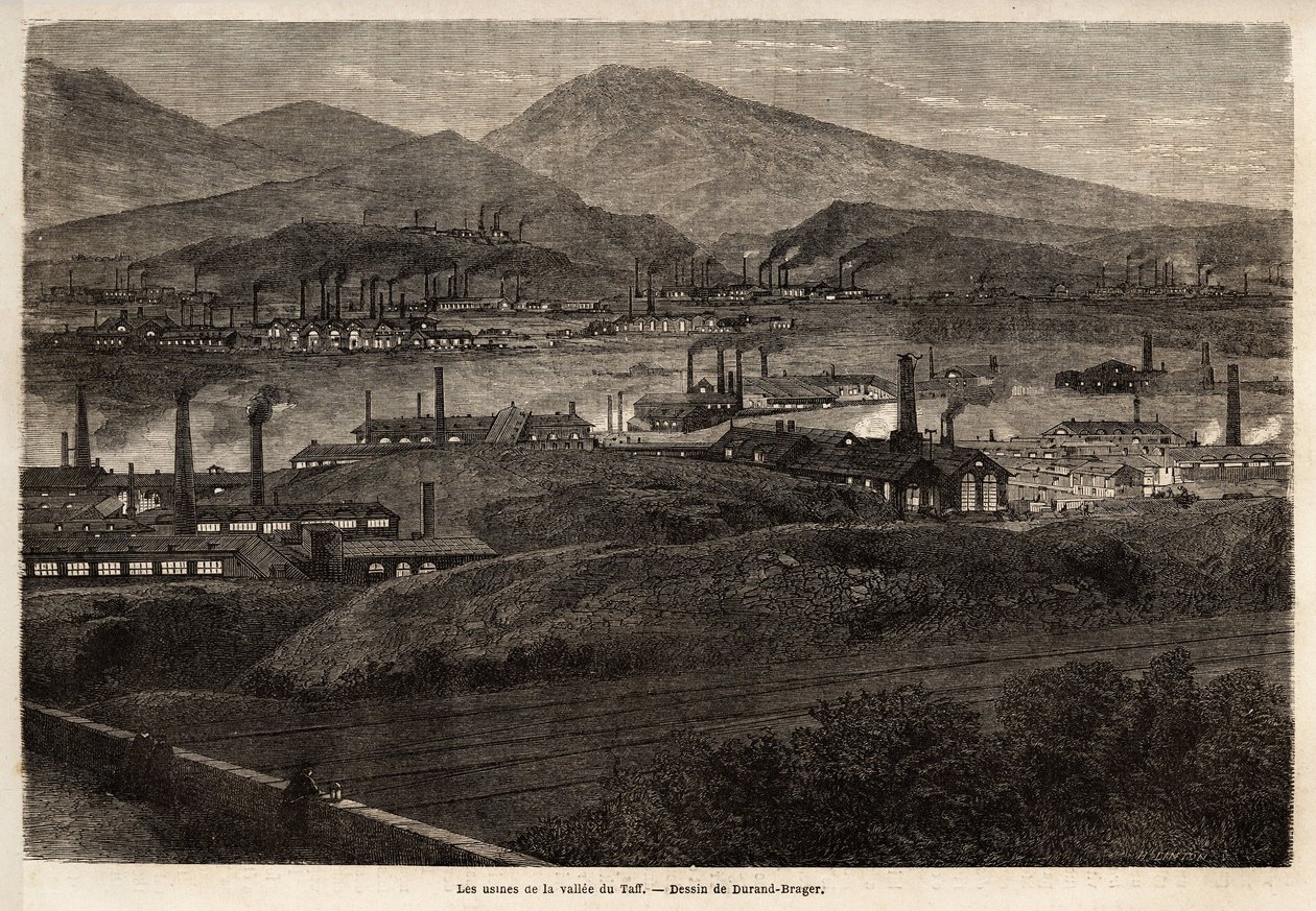 The factories of the Taff Valley. Drawing by Durand Brager, to illustrate a visit to the major factories in Wales in 1862, by L.Simonin. Engraving in 