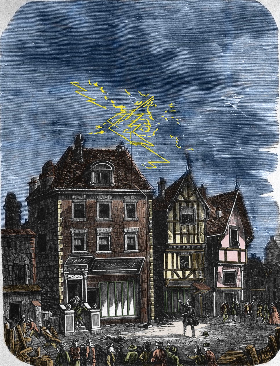 The first lightning rod established by Benjamin Franklin on a house in ...