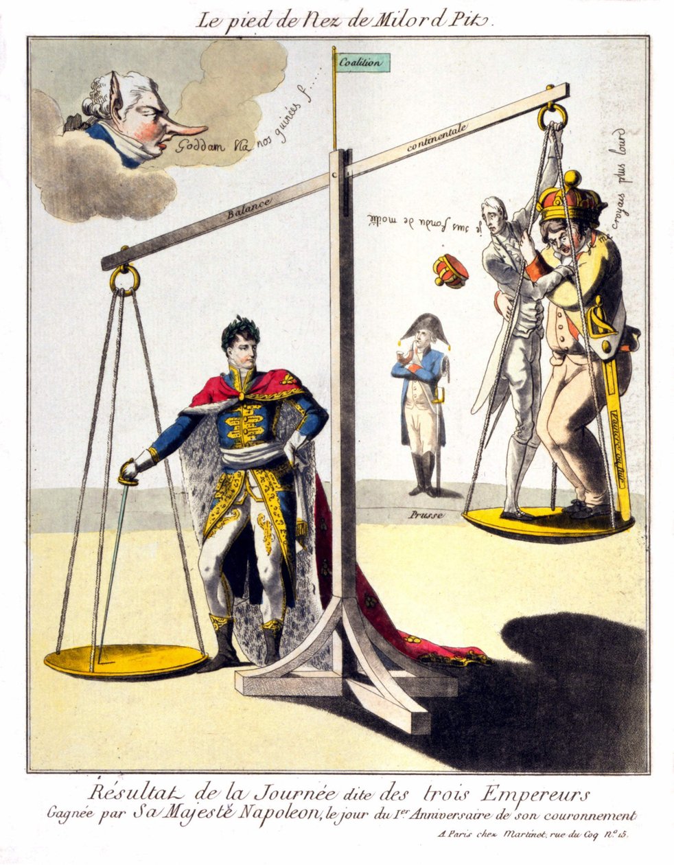 The foot of the Nose of Milord Pit - The result of the so-called Day of the Three Emperors - Won by His Majesty Napoleon, on the day of the 1st Anniversary of his coronation. Cartoon about Napoleon I and the 3rd coalition by Unknown artist