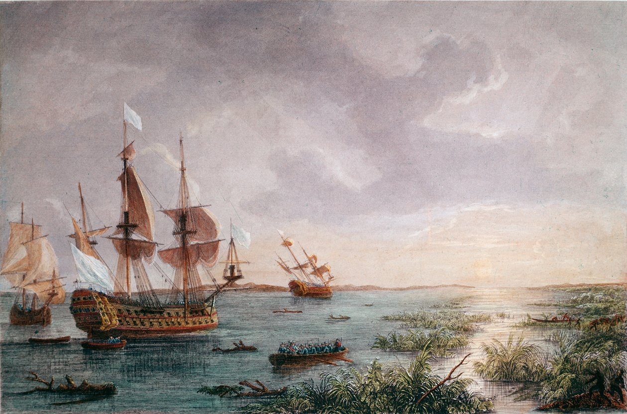 The french explorer Rene Robert Cavelier, Sieur de LaSalle discovers Louisiana, in 1684 (engraving) by Unknown artist