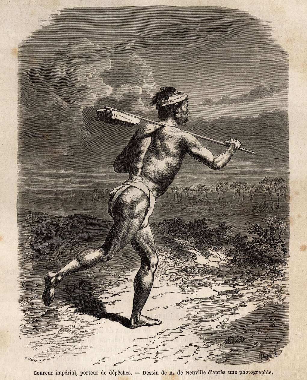 The imperial runner, carrying the Mikado dispatches. Engraving to illustrate the voyage to Japan, in 1863-1864, by Aime Humbert, minister of the Swiss Confederation, in 