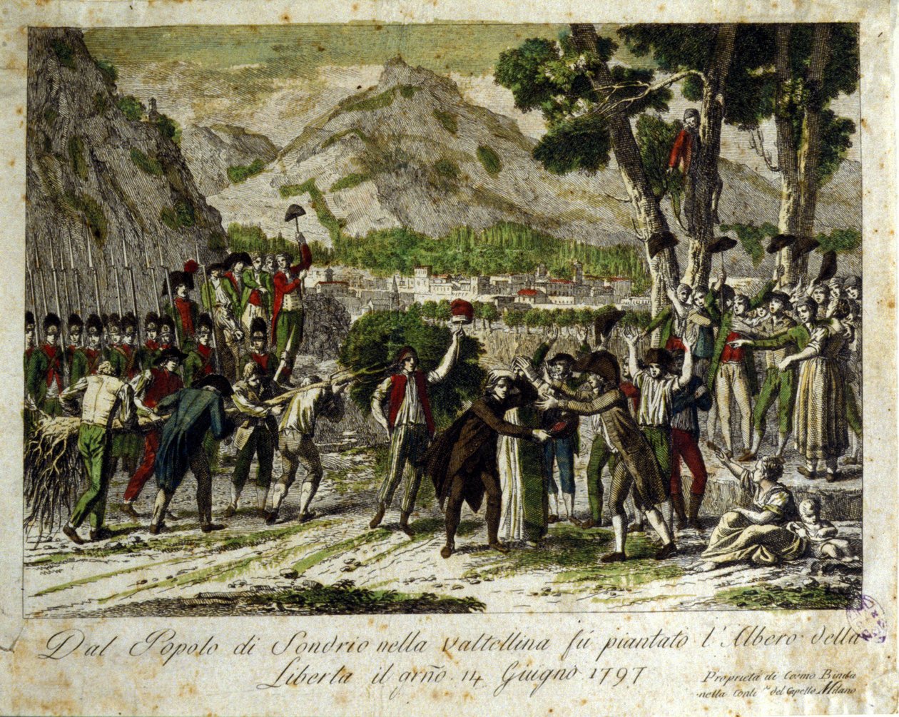 The inhabitants of Sondrio de la Valtellina plant the tree of Liberty, symbol of victory over the Old Regime. Engraving by Unknown artist
