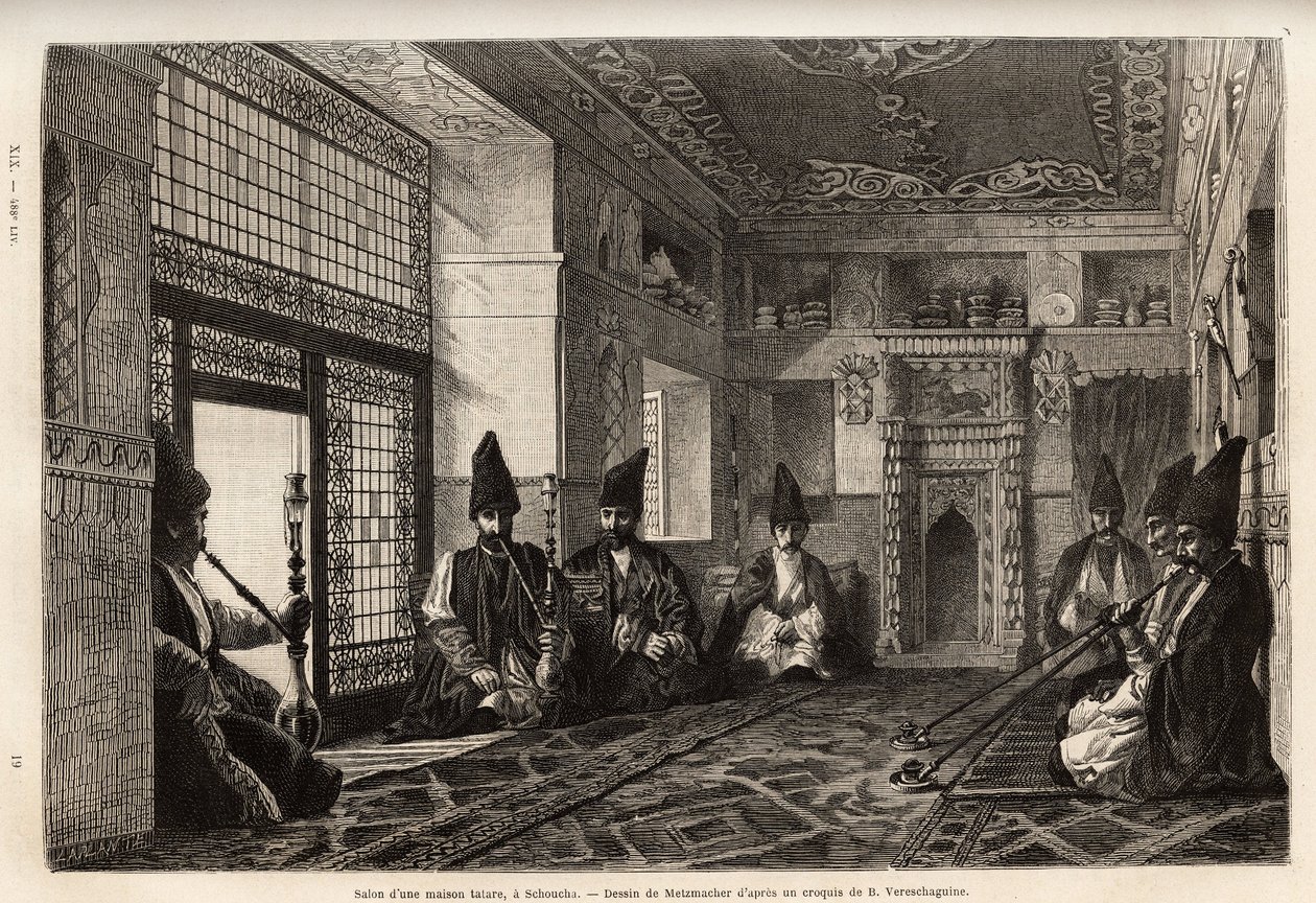 The living room of a rich Tatar house in Schusha (Transcaucasia, Russia), where men gather, sitting on carpets to smoke the pipe and chat. Engraving to illustrate the voyage in the provinces of the Caucasus, by Basile Vereschaguine, in 1864-1865, published by Unknown artist