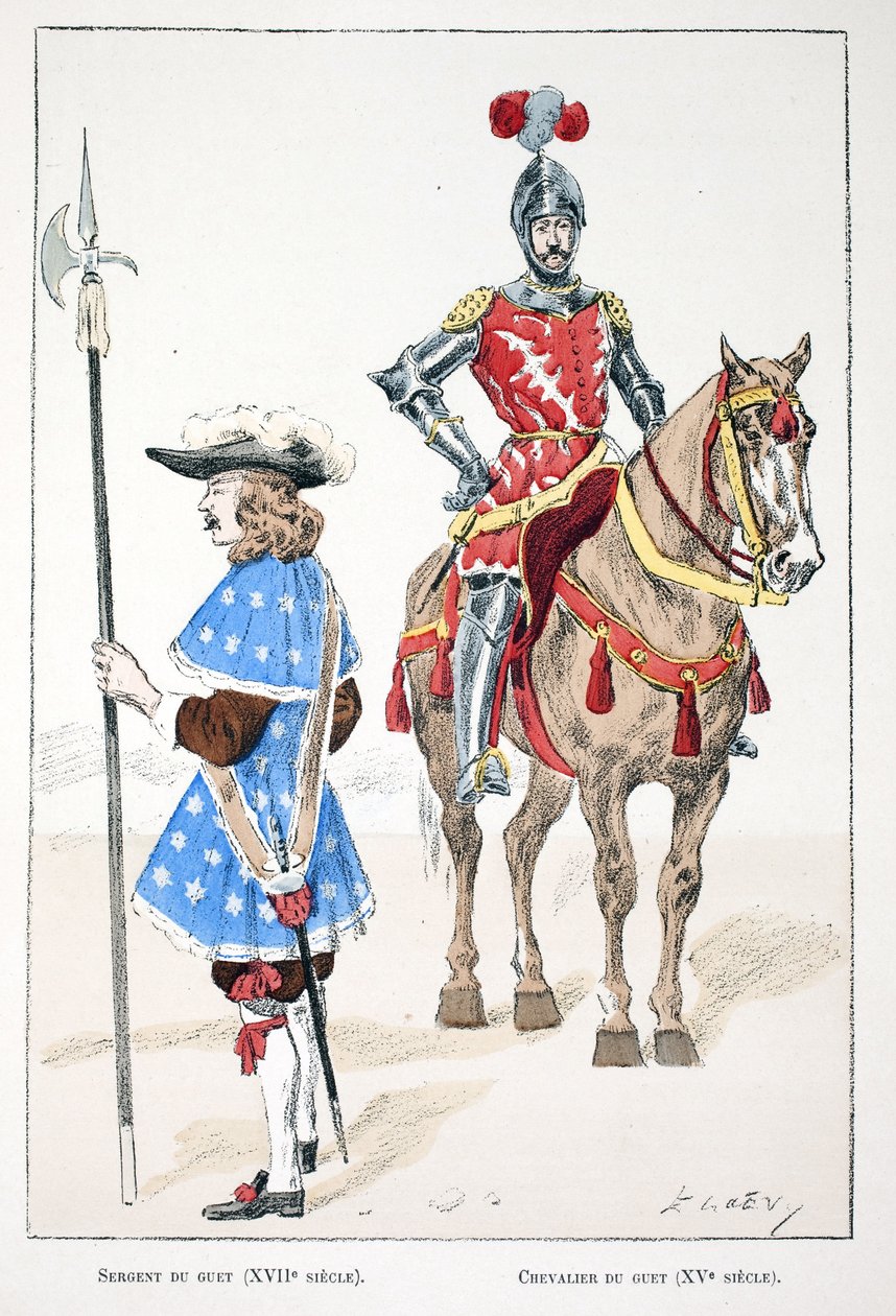 The lookout sergeant in the 17th century and the knight in the 15th century. Eau forte en couleurs, for illustration 